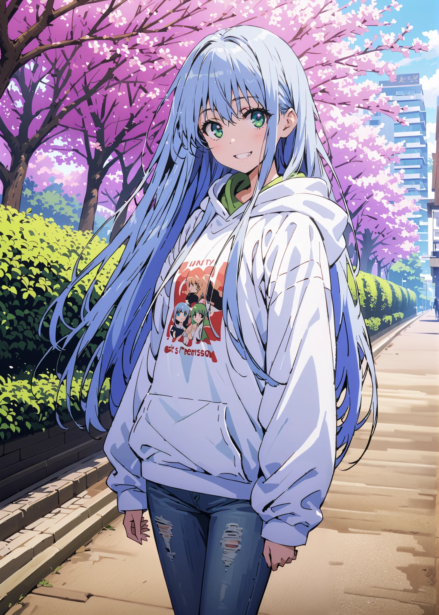score_9, score_8_up, score_7_up, source_anime, Prohibited bibliography, green eyes, blue hair, long hair,Baseball hats, Oversized white hoodie,short outerwear,skinny jeans,sneakers,cherry blossoms,Trail,standing,,Beautiful Scenery,smile,cover, grin , lower back holding a book,morning,morning日,so that the whole body fits into the illustration, break outdoors, garden,
break looking at viewer,
break (masterpiece:1.2),best quality , kampala, Unity 8K Wallpaper ,(shape:0.8),( fine, beautiful eyes :1.6),It's a person ,full body photo,CG Details , (perfect hands,complete anatomy),