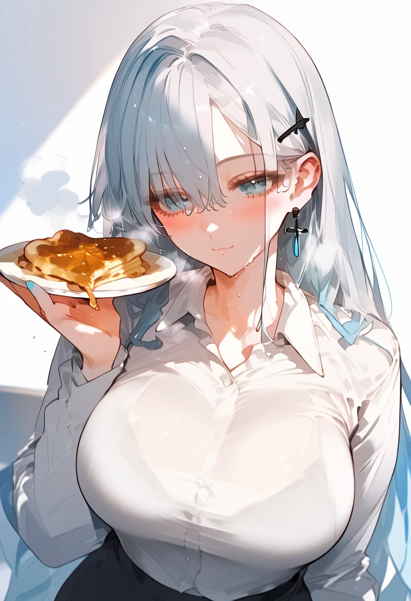 anime artwork, flowy silver hair ,perky big breasts, perfect body,shirt,office attire, light blue eyes,sweaty, steam coming out of mouth, blushing, she is 24 years old, solo, sexy pose, 3/4 body shot, (serving pancakes)