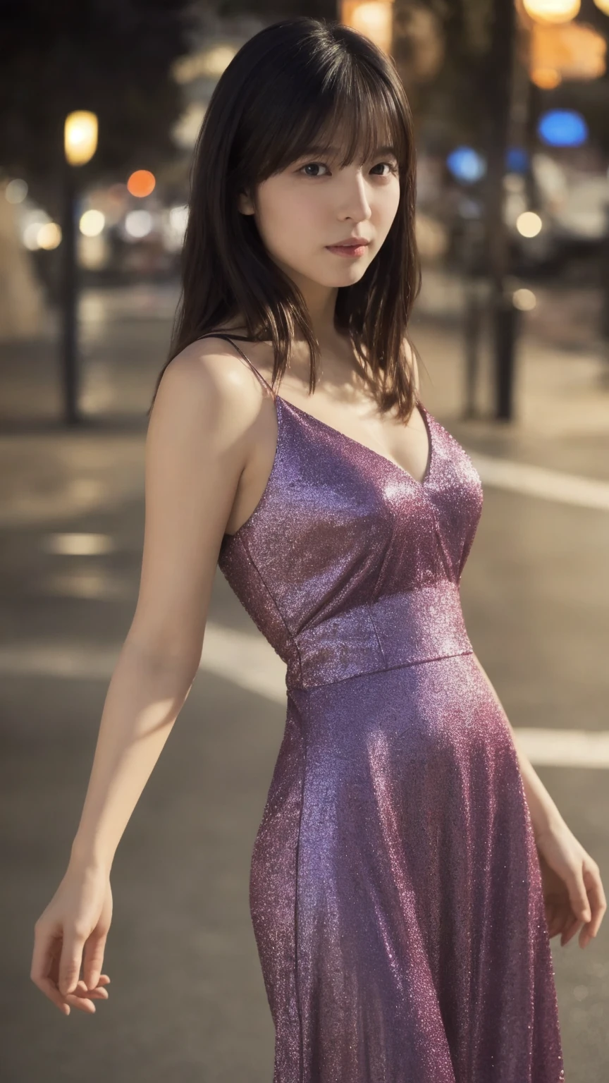 (Surrealism) , (illumination), (Improve resolution), (8K), (The content is very detailed), (Best Illustration Award), (The most beautiful quality), (Extremely detailed), (masterpiece), ( wallpaper), (Delicate face),This female star walking on the street on a summer night,Her appearance is like a beautiful landscape,Instantly attracted the attention of the surrounding。She was wearing a light and flowing dress,The skirt is inlaid with tiny sequins,With her steps, the charming light flashes。The long skirt is made of light and breathable material,It shows her elegant temperament,Bring a touch of coolness to the hot summer nights。
Her top is a sleeveless tight vest,Highlights her graceful neck and slender arms。The vest has a unique neckline design,The low-cut design perfectly shows her deep collarbone and charming neck curve。The color of the vest matches the long skirt,Unified overall shape。
She has delicate makeup on her face,Light and breathable makeup base,Showing off her delicate skin。Eye makeup is mainly earth tones,The deep eye shadow makes her eyes more bright and charming。Long and curled eyelashes fluttering like a fan,Adds a bit of mystery to her eyes。Lip makeup chose nude pink,It looks gentle and fashionable。
Her hairstyle is simple yet elegant,The long hair was cleverly pulled into a low ponytail,A few strands of hair fall naturally on both sides of the cheeks,Modifies her face shape。She wore a pair of delicate long earrings,Swaying gently with her steps,Adds a bit of agility to the overall shape。
Her attitude is calm and confident,Light and graceful steps,It seems like every step is on the notes。She is smiling,The eyes reveal calmness and confidence,People can't help but fall for it。The light she radiates,Not only from her gorgeous clothes and makeup,It comes from her inner confidence.。