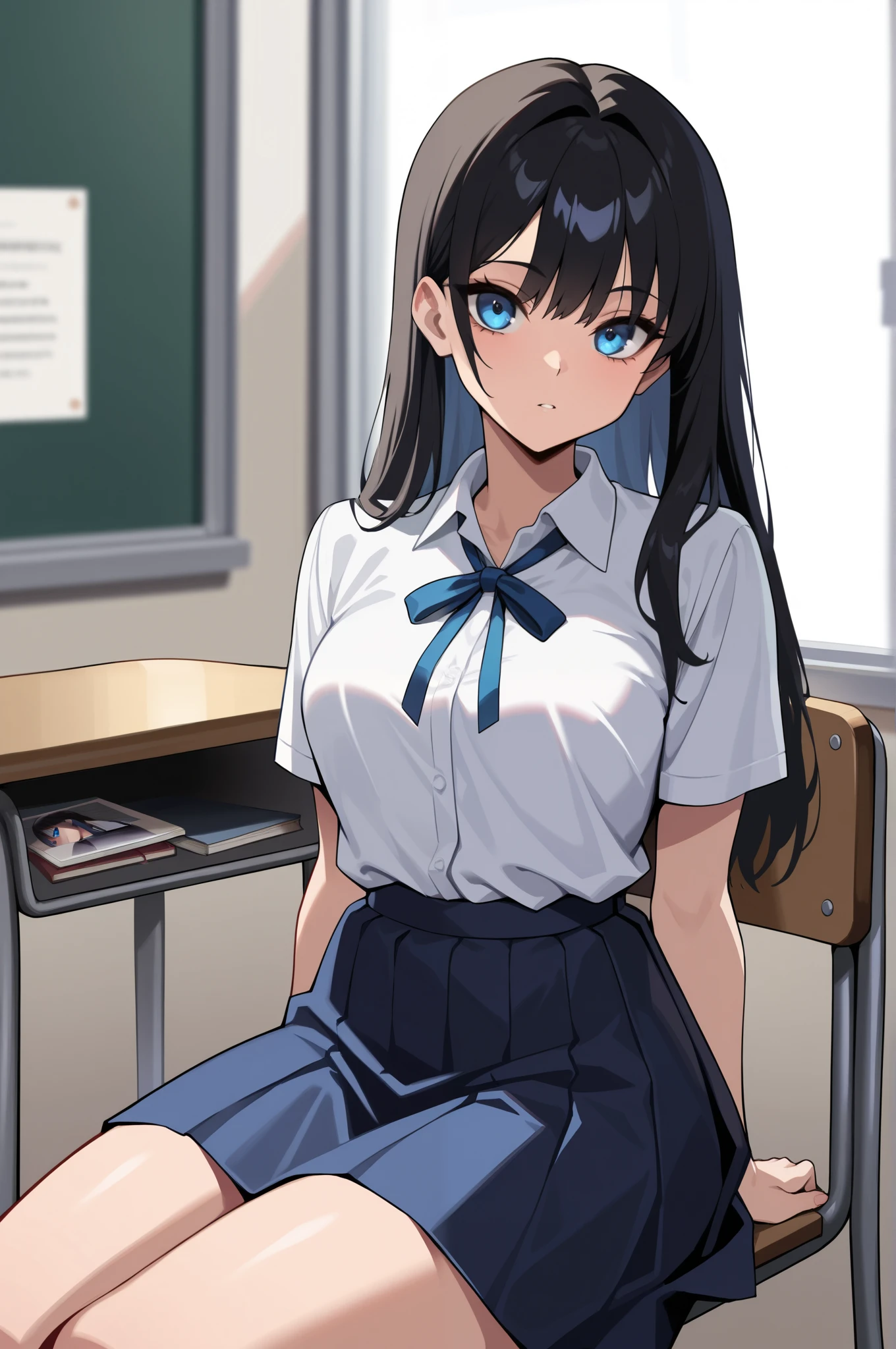 (masterpiece, ultra high definition, 16k, RAW photo, intricate), sharp focus, crisp details, 1girl , Look the viewer straight in the eye, bright expression, Classroom at a School with No One, school chair, sitting chair, black hair, long hair, shiny hair, blue eyes, medium breasts, school uniform, white shirt, blue neck ribbon, blue skirt, (cowboy shot), (Simple Background), blur the background