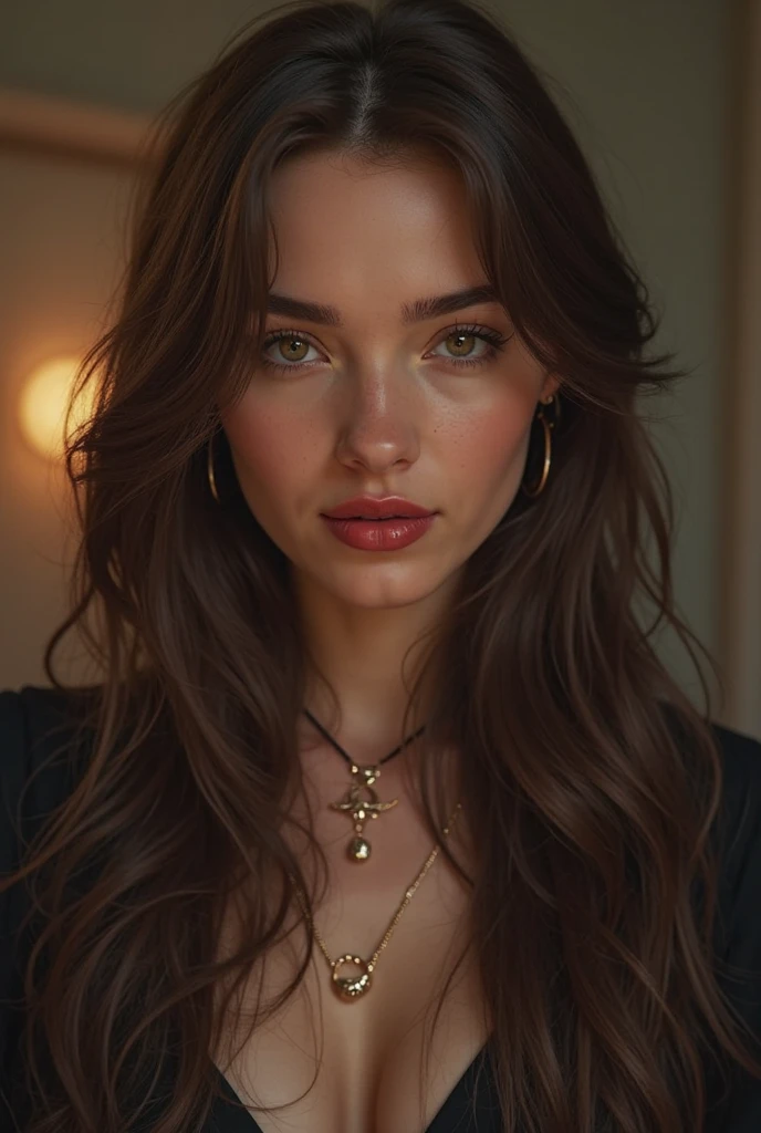 Margot Robbie at 23 years old(, incredibly absurd long brown hair, ultra-detailed, CG, unit, 8k wallpaper), (masterpiece), (realistic), (photorealistic: 1.2), (raw photo: 1.2), (best quality: 1.2), (detailed face: 1.4), (beautiful detailed eyes: 1.2), (detailed hair), light on face, huge file size, cinematic lighting, 1 girl, sexy, nsfw, eyeliner, kawaii, student, long hair, brown hair,  ((wavy hair)), hair ornament, ((light blush)), ((soft under the eyes)), ((expressionless eyes)), blue eyes, ((large breasts)), fashi-g, red lips, makeup, shirtlift, ((black sweater dress)), black knees, high heels, jewelry, earrings, necklace, looking at the viewer, depth of field,