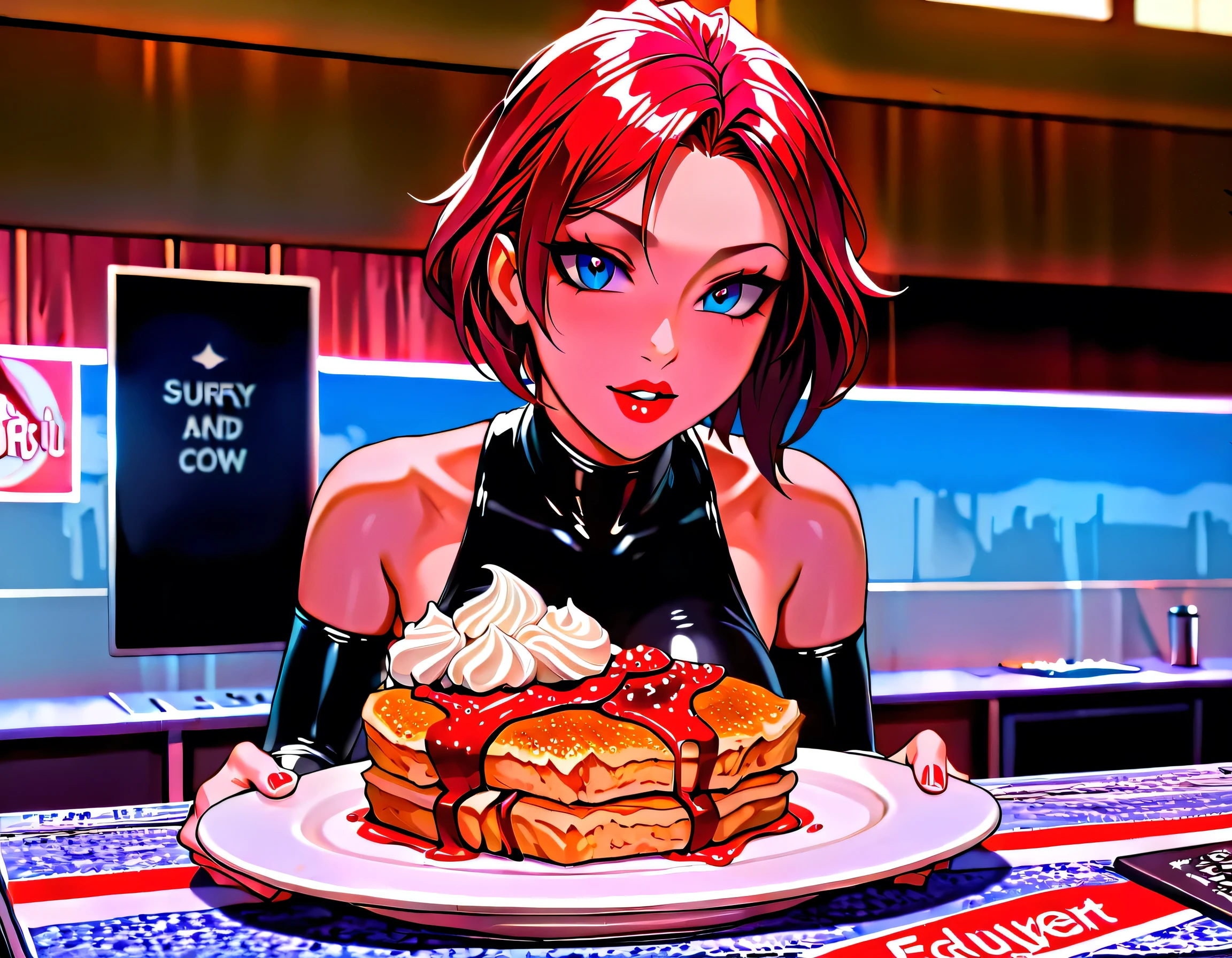 a 3D digital painting picture of extremely beautiful  (anthropomorphic cpw:1.3) serving a plate with pancakes with ice cream, whipped cream, in American diner, an exquisite beautiful female (cow anthropomorphic:1.3), ultra feminine ultra detailed face, red hair, pale skin, short hair, little fury, red lips, blue eyes, wearing sexy white seductive latex dress, looking at a American  kitchen background,  dynamic angle, , award winning, best quality, high quality, high details, highres, vibrant, Ultra-high resolution, High Contrast, (masterpiece:1.5), highest quality, Best aesthetics, best details, best quality, highres, ultra wide angle, 16k, [ultra detailed], masterpiece, best quality,  photorealistic, 3D rendering, furry