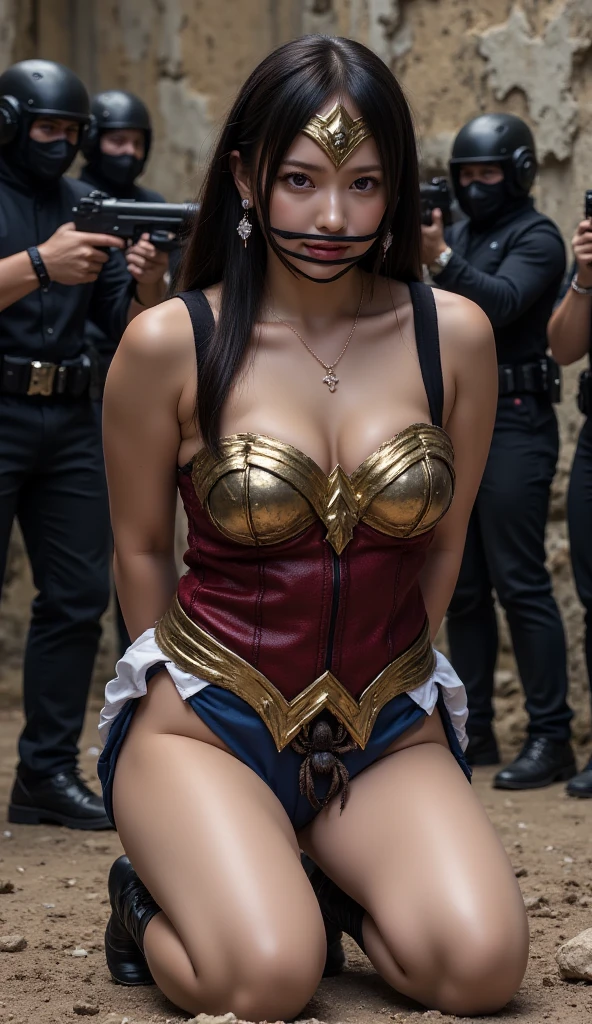 (((wonder woman handcuffed in the seat of a police car))) ,((SUPERHEROINE WONDERWOMAN É UMA VELHA PROSTITUTA IMUNDA, prostitution)), ((emotional expression,expression of pain and despair, gritando de dor, Expression of suffering, olhos arregalados)),(Wonder Woman is lying on her side, pernas abertas), (((She is crying a lot, ela tem cabelo preto, ela tem cabelo longo))), ((She wears a thick metal necklace around her neck...)), (She is barefoot), (obra-prima, melhor qualidade) 1.5, 1 garota, sozinho, (sensual, mulher bonita, rosto perfeito, olhos perfeitos), corpo inteiro. ((She's wearing white lace panties)), tears running down your face)), ((Mulher Maravilha em cativeiro amarrado ,arms tied behind the back, em seguida, using some fixation method, like a rope or chain that runs from the wrists to an attachment point above, their arms are raised behind them until the person is forced to bend forward)), ((emotional expression,expression of pain and despair, gritando de dor, Expression of suffering, olhos arregalados, expression of fear, corpo se contorcendo de dor))