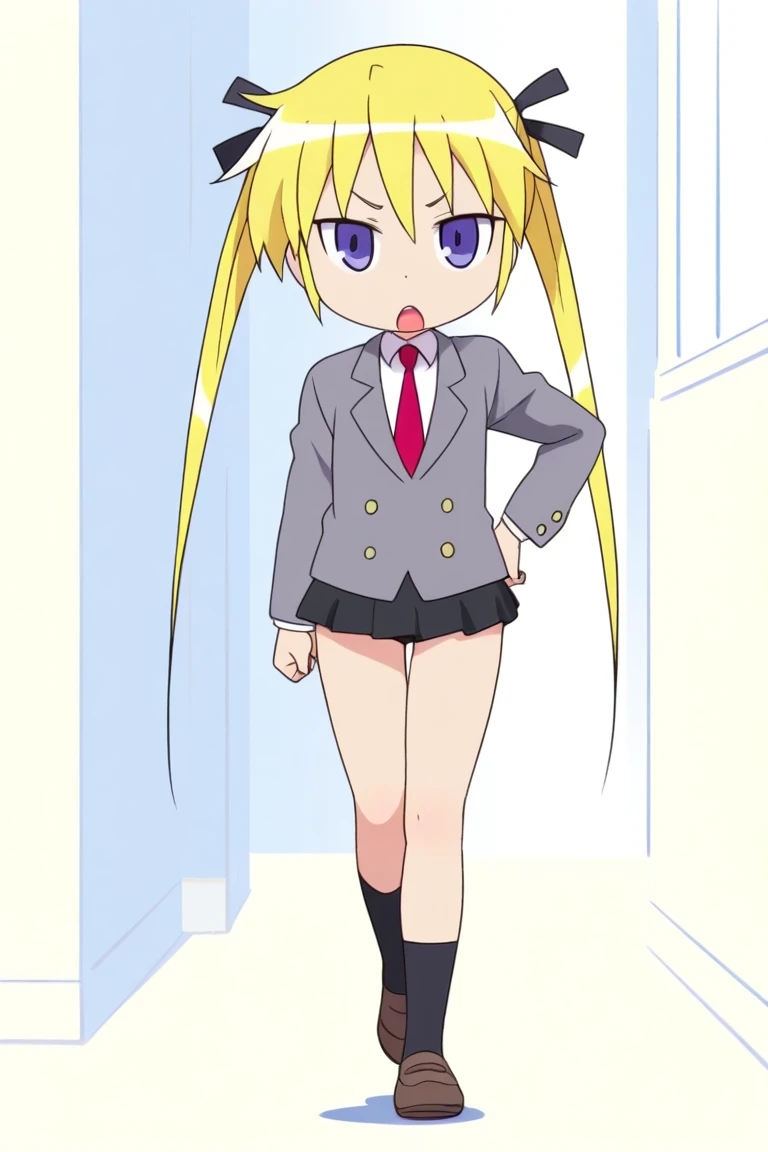 <lora:tokacomics:1>, tokacomics, cartoon, drawing, (smug:0.7), barefoot, blonde hair, blush stickers, feet, green eyes, school uniform, simple background, soles, toes, white background