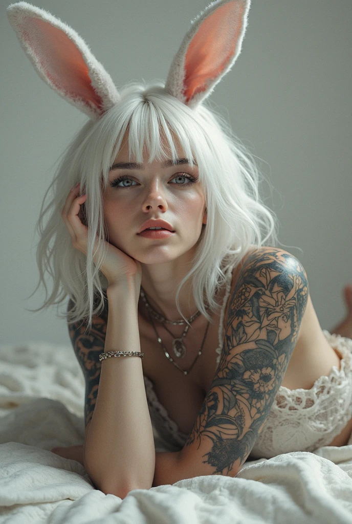 Mujer rubia con tatuajes en los brazos y el pecho sentada en una cama., flequillo blanco, Whitebangs, su cabello es blanco, hair Whitebangs hair, Pale fur, pelo albino, pale white skin, parece una mezcla de mugre, albino pale white skin, she parece una mezcla de mugre, la respuesta yolandi fisher, Blanqueado