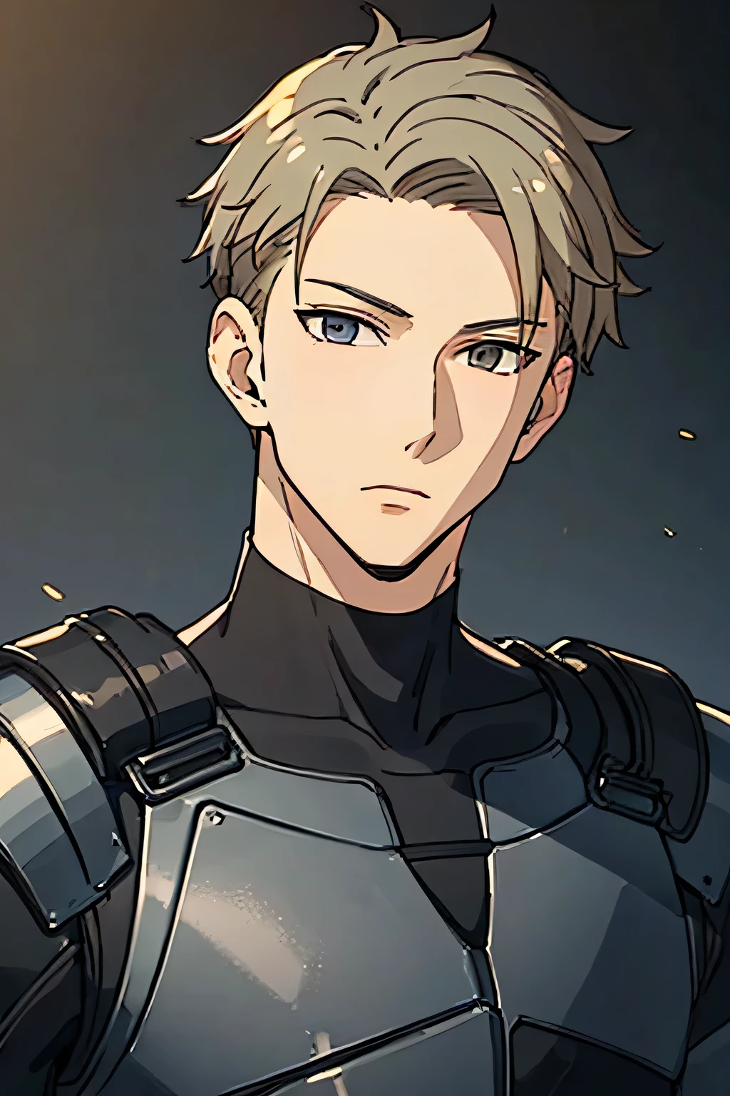 25 year old man, tall and thin body, wearing black bulletproof iron armor, a criminal, blond hair, gray eyes, facing forward, half body, hd