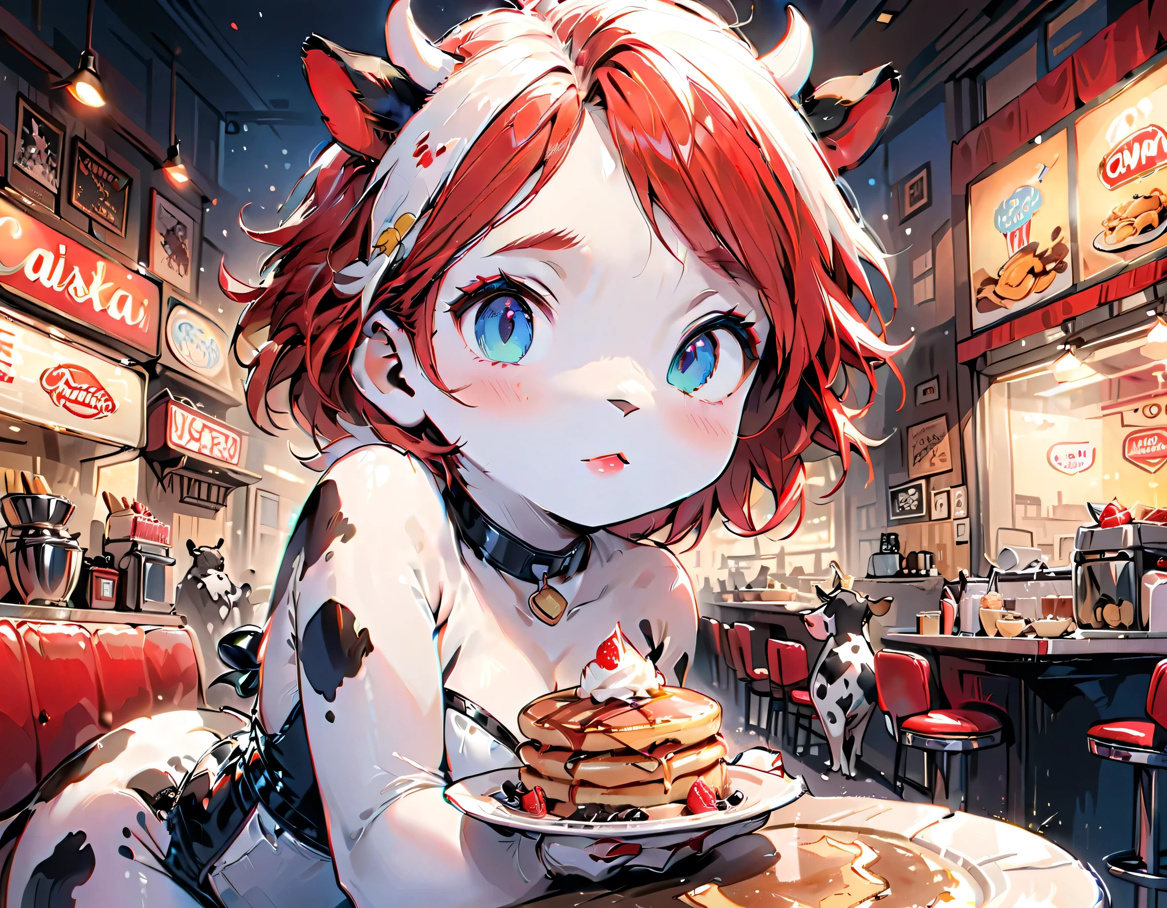 a 3D digital painting picture of extremely beautiful  (anthropomorphic cpw:1.3) serving a plate with pancakes with ice cream, whipped cream, in American diner, an exquisite beautiful female (cow anthropomorphic:1.3), ultra feminine ultra detailed face, red hair, short hair, little fury, red lips, blue eyes, wearing sexy white seductive latex dress, looking at a American  kitchen background,  dynamic angle, , award winning, best quality, high quality, high details, highres, vibrant, Ultra-high resolution, High Contrast, (masterpiece:1.5), highest quality, Best aesthetics, best details, best quality, highres, ultra wide angle, 16k, [ultra detailed], masterpiece, best quality,  photorealistic, 3D rendering, furry, digital painting, Mj Osea Style, furry