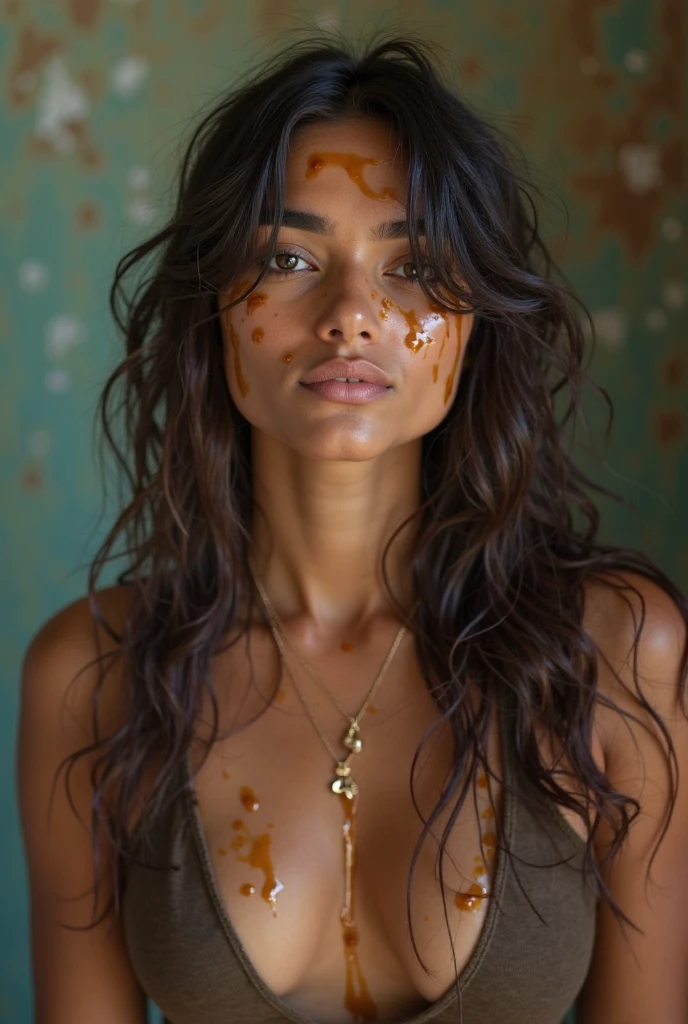 Masterpiece, a beautiful black-haired Amazon woman completely soiled with mud, trying to crawl out of a very deep mud puddle, dressed with an ice blue ripped skirt, full of mud stains and with several holes everywhere, and light ice blue ripped blouse, full of mud stains and several holes everywhere, ((Zendaya: Michelle Pfeiffer:0.5)), (Large breasts), (perfect body with slight bleeding scrapes here and there), (red matted hair), (long curly hairstyle), outside, (skin texture:1.1), (best quality, ultra-high resolution, Raw photo). 1), best quality, ultra-high resolution, Raw photo, Nikon D850, backlight, flood light, bright sunlight, film grain:1.2, (warm tone, warm tone:1.2), (color photo), futuristic pyramid city background.