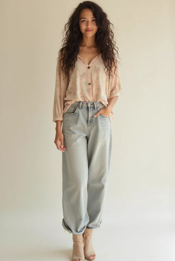 Describe an image based on clothes, posture and setting of ellen joe and srm outfit