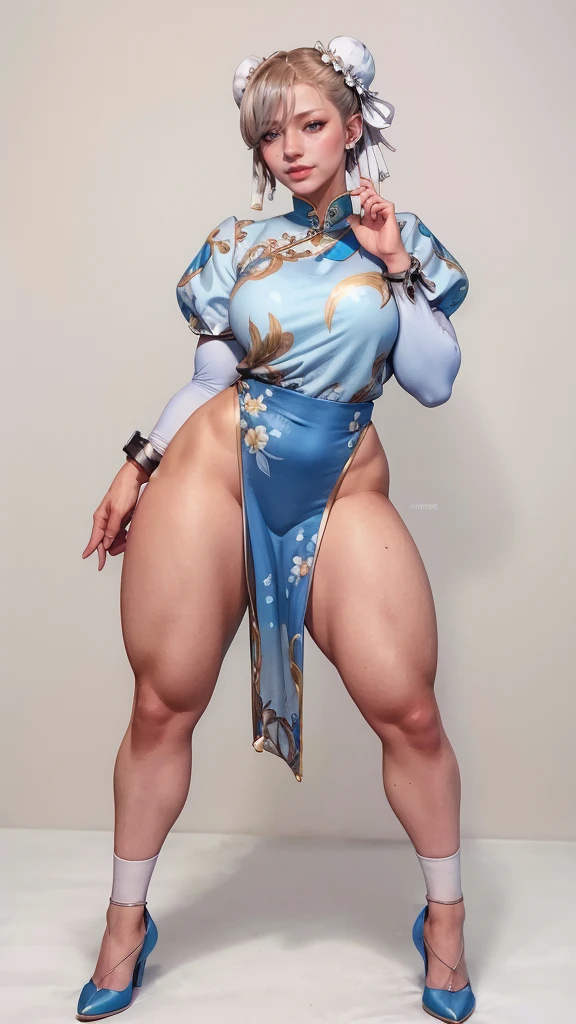 Chunli fighter, wide hips, curvy, long legs, beautiful eyes, beautiful, full body, thick high, paws body ,chunli outfit ,Chinese house background , (Thick thighs:1.3)