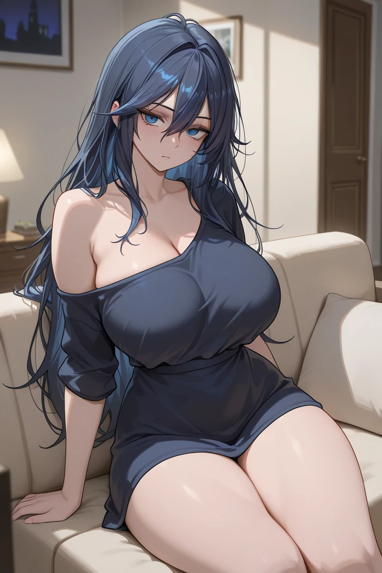 (artwork, best quality) a girl with long blue messy hair, blue eyes, blue eyelashes, blue denim mini shorts, long black tights, off the shoulder top, sitting, tattoo, big , perfect body, 4k hd, upset, blushing, in a room