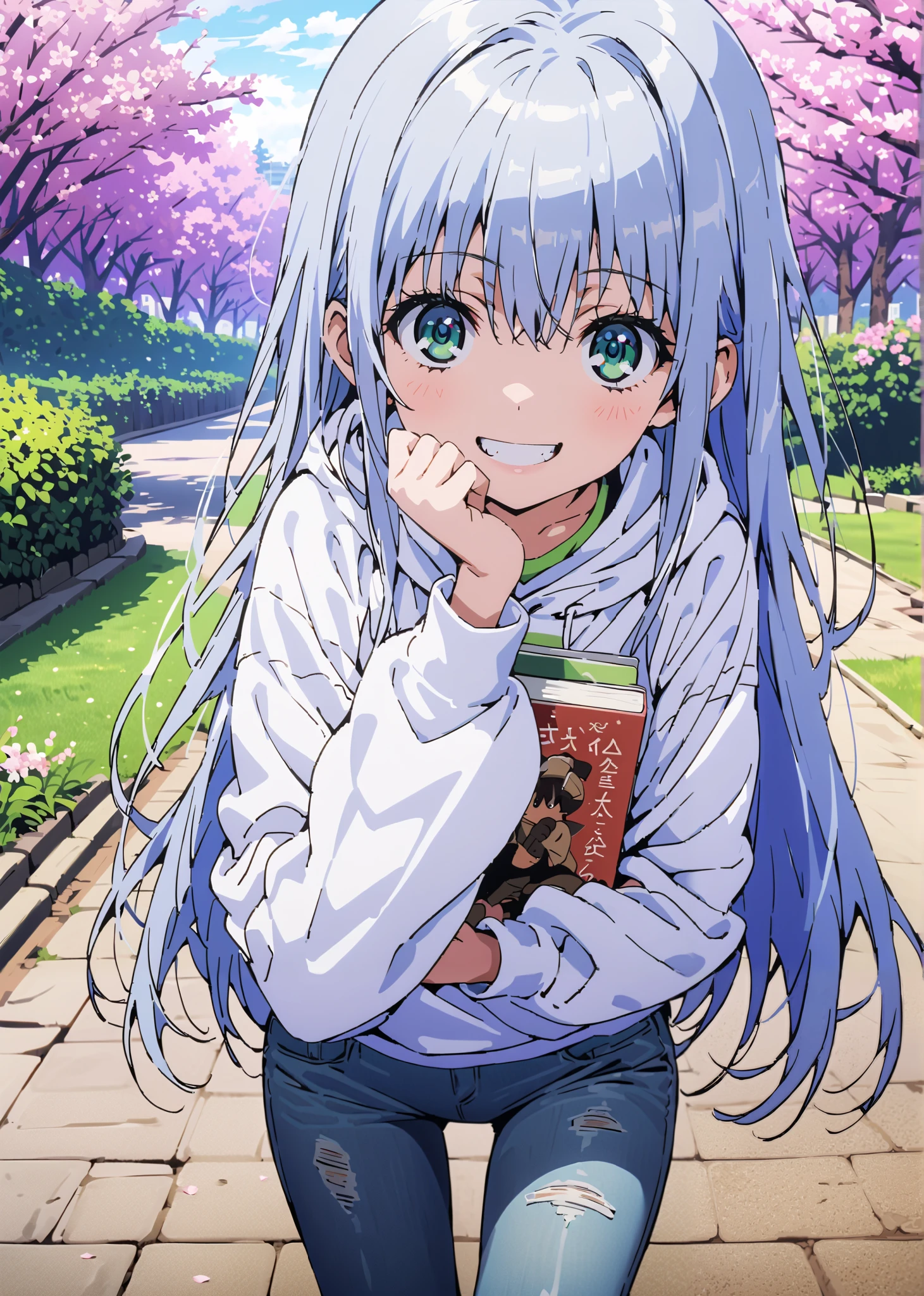 score_9, score_8_up, score_7_up, source_anime, Prohibited bibliography, green eyes, blue hair, long hair,Baseball hats, Oversized white hoodie,short outerwear,skinny jeans,sneakers,cherry blossoms,Trail,standing,,Beautiful Scenery,smile,cover, grin , lower back holding a book,morning,morning日,so that the whole body fits into the illustration, break outdoors, garden,
break looking at viewer,
break (masterpiece:1.2),best quality , kampala, Unity 8K Wallpaper ,(shape:0.8),( fine, beautiful eyes :1.6),It's a person ,full body photo,CG Details , (perfect hands,complete anatomy),