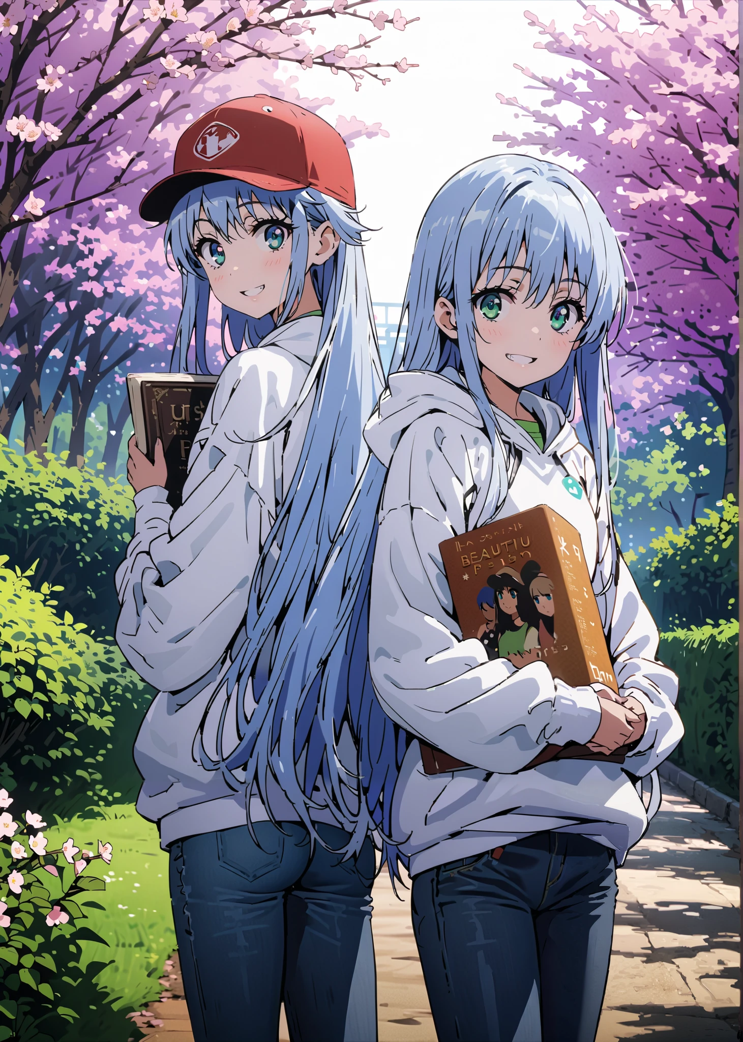 score_9, score_8_up, score_7_up, source_anime, Prohibited bibliography, green eyes, blue hair, long hair,Baseball hats, Oversized white hoodie,short outerwear,skinny jeans,sneakers,cherry blossoms,Trail,standing,,Beautiful Scenery,smile,cover, grin , lower back holding a book,morning,morning日,so that the whole body fits into the illustration, break outdoors, garden,
break looking at viewer,
break (masterpiece:1.2),best quality , kampala, Unity 8K Wallpaper ,(shape:0.8),( fine, beautiful eyes :1.6),It's a person ,full body photo,CG Details , (perfect hands,complete anatomy),