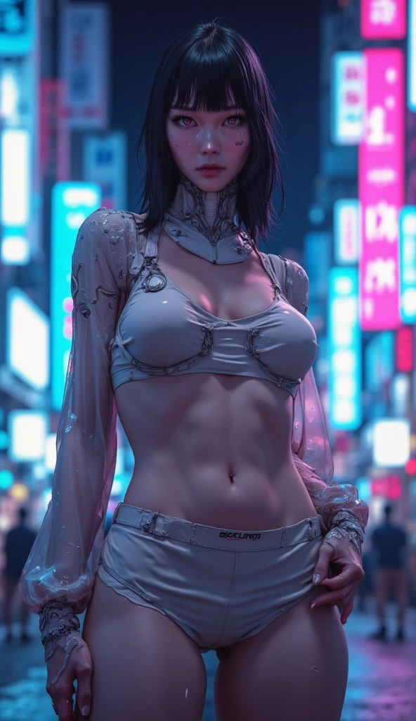 (Browsing Caution:1.6)、Very beautiful woman、Slender women、(Detailed face)、Realistic Skin、((Delicate photo)),(Girl masterpiece RAW photo details:1.25), (Highest quality:1.6), (Ultra-high resolution:1.5), (Realistic:1.75), 8K resolution, Canon EOS R5, 50mm, Absurd, Super detailed,Cinema Lighting、One Girl, 白hair,((princess_cut))、smile、((Super tight white jacket coat)), Chest Rig, cyber punk, ((Techwear)),I can see your abs、Good top、((((Big Breasts))))、((The abdomen is visible))、(((Very subtle and futuristic design)))、Digging into the crotch、((logo))、((Characters on clothing))、((With the weapons of the future))、((hair over one eye)) ((full body visible framing))