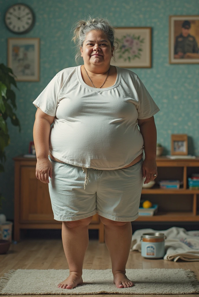 A woman is obese and overweight, weighing 200kg, with a lot of belly fat, she is standing on the scales worrying about the weight she gained from overeating, an obese plus size model with a very large belly, her belly is bulging and covered with a lot of fat, she has a saggy belly and a tattoo around her navel, 4K quality, low angle