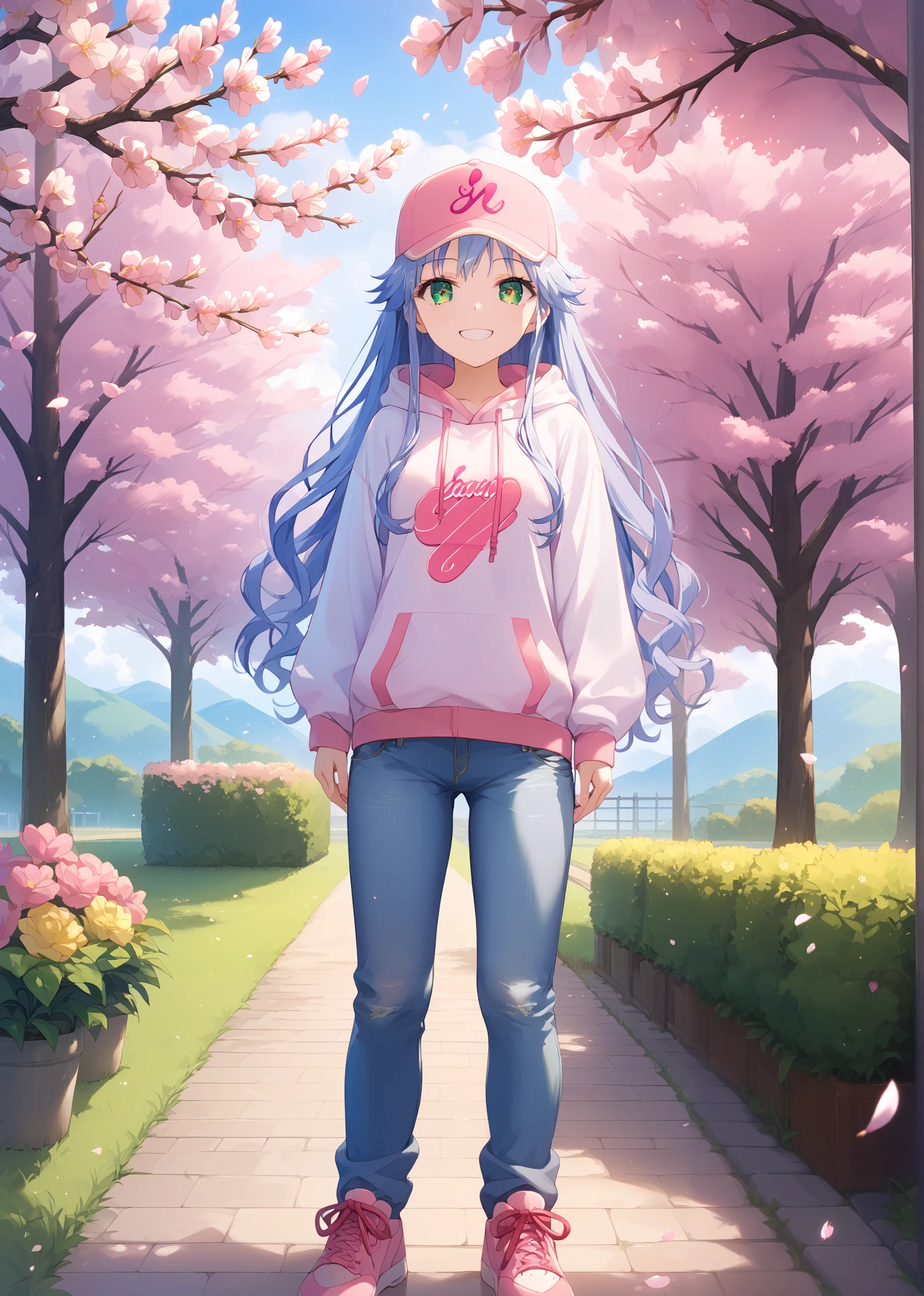 score_9, score_8_up, score_7_up, source_anime, Prohibited bibliography, Alone,green eyes, blue hair, long hair,Baseball hats, Oversized white hoodie,short outerwear,skinny jeans,sneakers,cherry blossoms,Trail,standing,,Beautiful Scenery,smile,cover, grin , lower back holding a book,morning,morning日,so that the whole body fits into the illustration, break outdoors, garden,
break looking at viewer,
break (masterpiece:1.2),best quality , kampala, Unity 8K Wallpaper ,(shape:0.8),( fine, beautiful eyes :1.6),It's a person ,full body photo,CG Details , (perfect hands,complete anatomy),