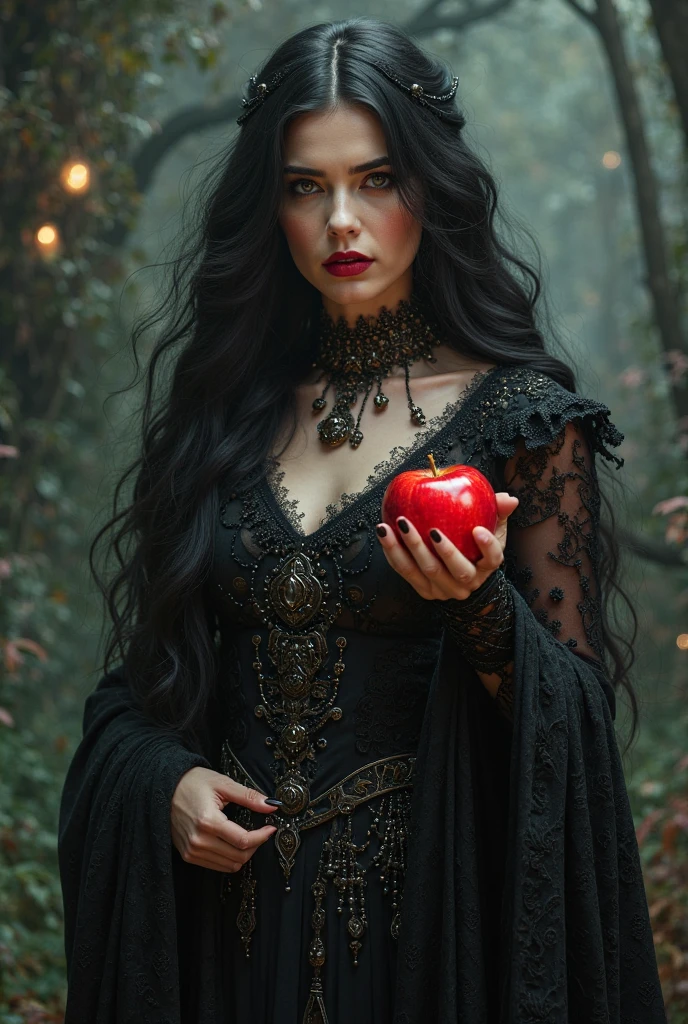 Girl,Black long hair,Black Queen,accessories,Apple in hand,Poison apples,Witch Queen,Red lipstick naked