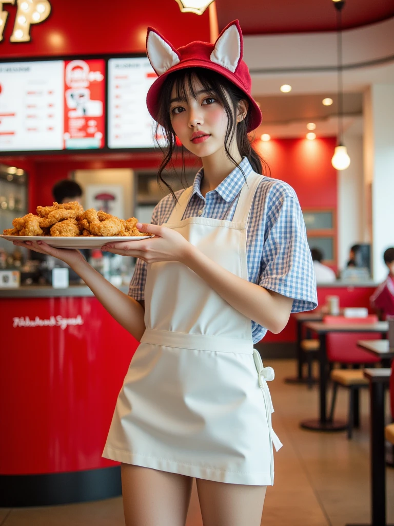 (Ultra-high resolution), (masterpiece), (Attention to detail), (high quality), (最high quality), ((Upper Body Shot)) , One Girl, Generate an image of a female employee working at an outdoor fast food stand。she、Green T-shirt, Khaki Apron, Sun visor, Wearing a name tag、Hot dogs and fries are served。In the background、wood々, Picnic table, There are colorful signs。