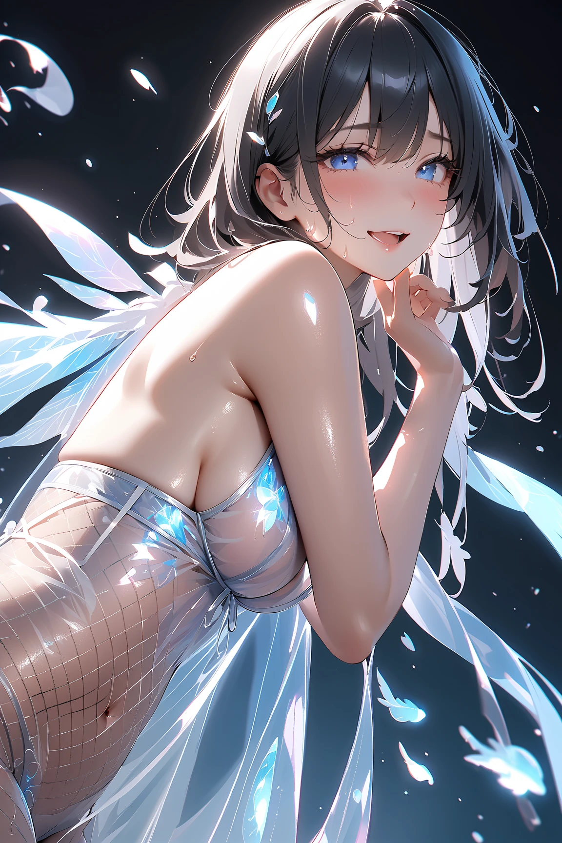 Anime, 20 years old, 1 girl,flat chest,dark skin, tan,(Jellyfish girl:1.2), red eyes, arms behind back,under the water, silver hair, very short hair, {{blue highlights in hair}},blue barrette, topless, bottomless, completely nude, spread legs, spread vaginal, spread pussy, {{{vulgarity}}}, jellyfish in pussy, open mouth