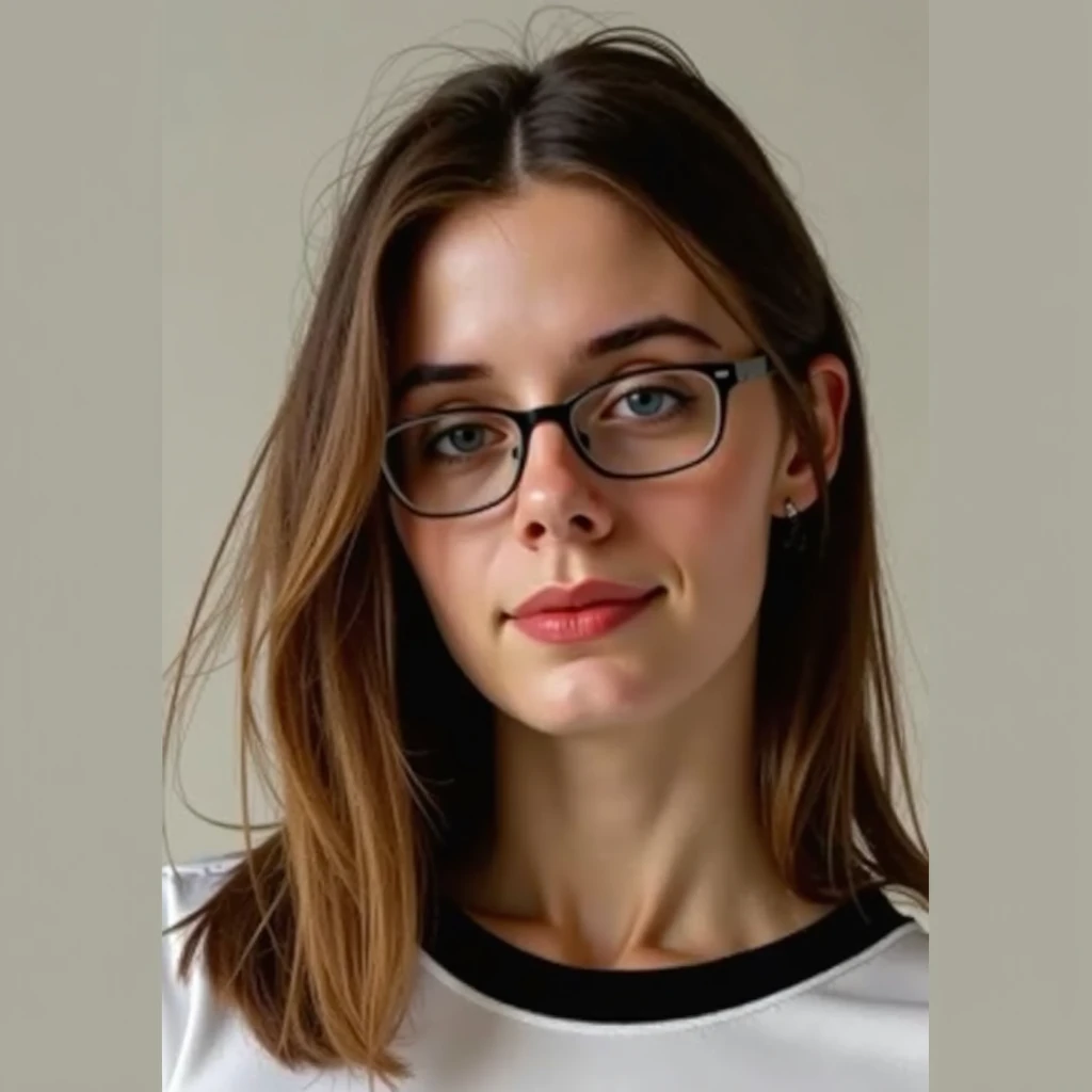 vista frontal, Looking at the camera, foto crua,((Camisa preta:1.2)), ((retrato)),lindo cabelo escuro mulher de 27 anos, morena clara, seios menores
,
, olhos perfeitos,Rounded glasses, ((fundo branco:1.2)), studio lighting, alta qualidade, Film grain, Fujifilm XT3, Centralizado