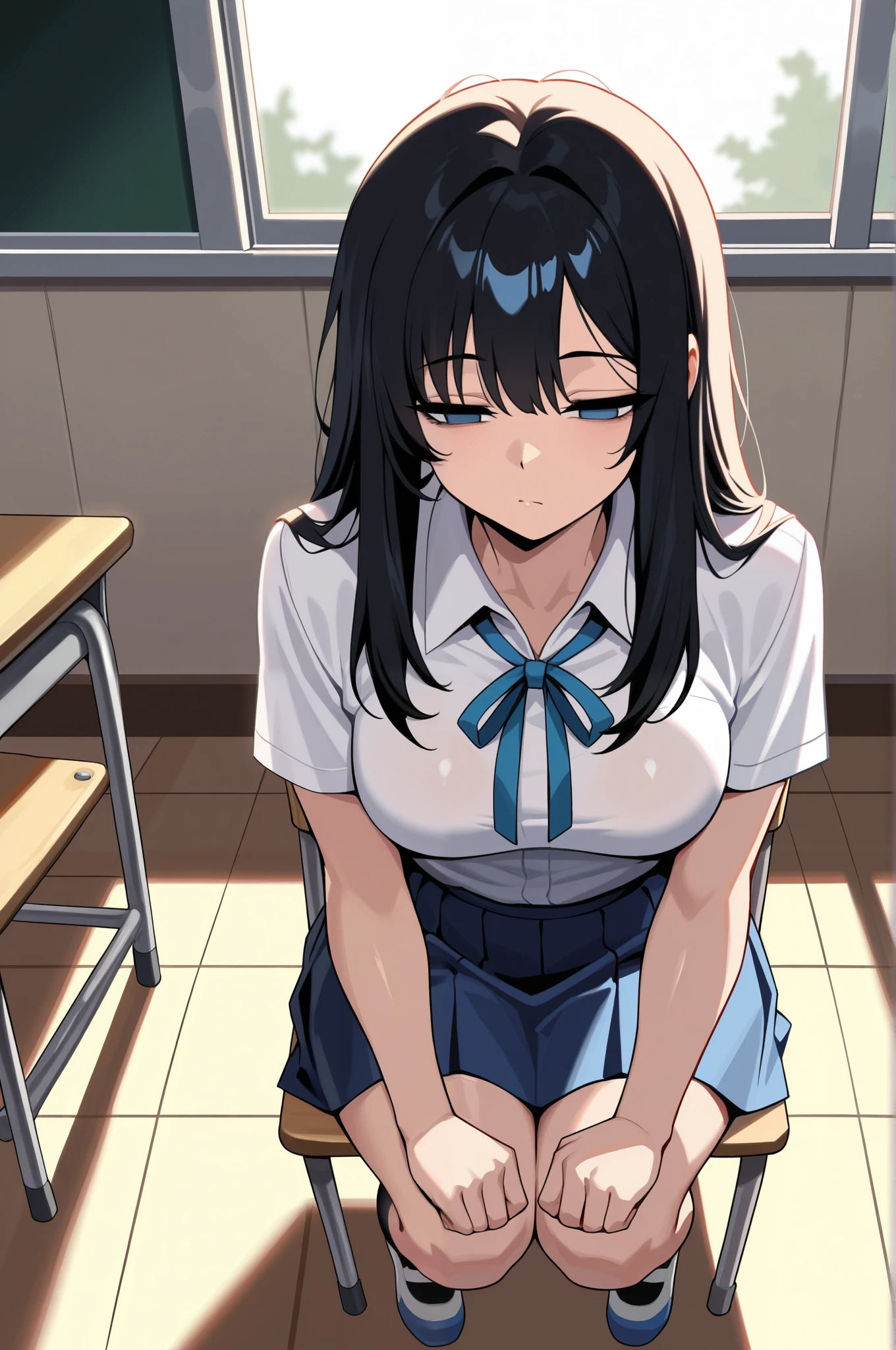 (masterpiece, top quality), detailed skin, one girl, ((((nsfw))), schoolgirl uniform, ((shy)))), show off, flat breasts, cleavage, panties, see-through, nipple out, wet and sheer bra, beautiful belly, twilight, classroom, miniskirt, absolute area, squatting, crawling on all fours, ((subjective point of view, looking down from above)), thin legs, Beautiful thighs, beautiful skin,