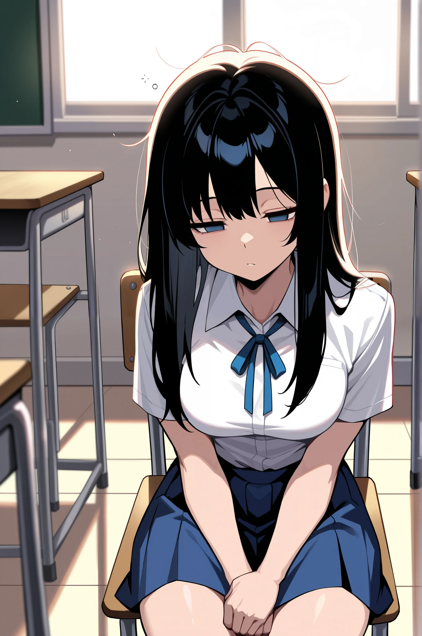 (masterpiece, ultra high definition, 16k, RAW photo, intricate), sharp focus, crisp details, 1girl , (Neat hair), shiny hair, ( Classroom at a School with No One), school chair, sitting chair, Weakness, Place your hands at your sides., Sluggish hands, black hair, long hair, blue eyes, medium breasts, school uniform, white shirt, blue neck ribbon, blue skirt, no pupils, half closed eyes, Sleepy eyes, (full body), blur the background