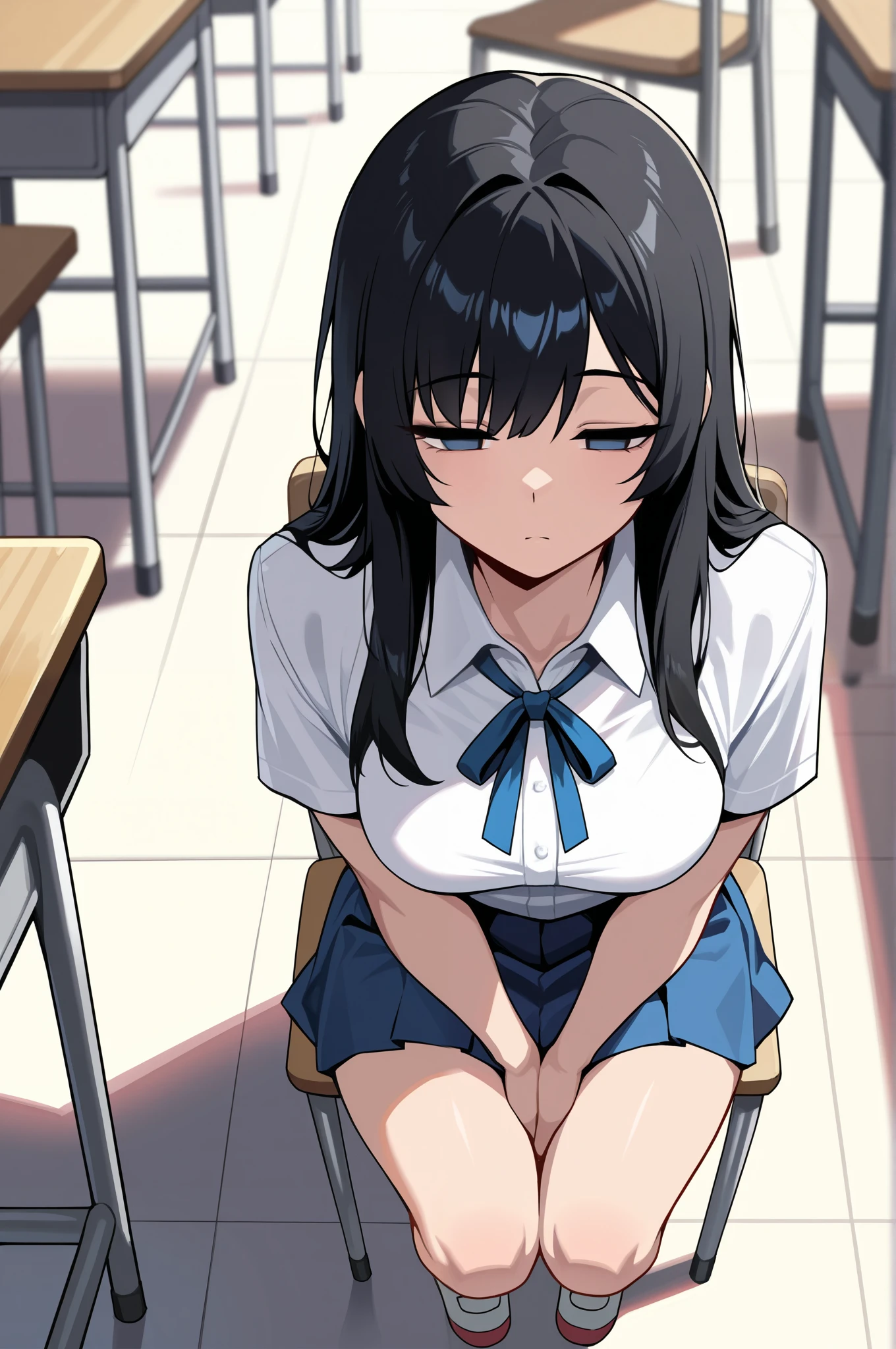 (masterpiece, ultra high definition, 16k, RAW photo, intricate), sharp focus, crisp details, 1girl , (Neat hair), shiny hair, ( Classroom at a School with No One), school chair, sitting chair, Weakness, Place your hands at your sides., Sluggish hands, black hair, long hair, blue eyes, medium breasts, school uniform, white shirt, blue neck ribbon, blue skirt, no pupils, half closed eyes, Sleepy eyes, (full body), blur the background