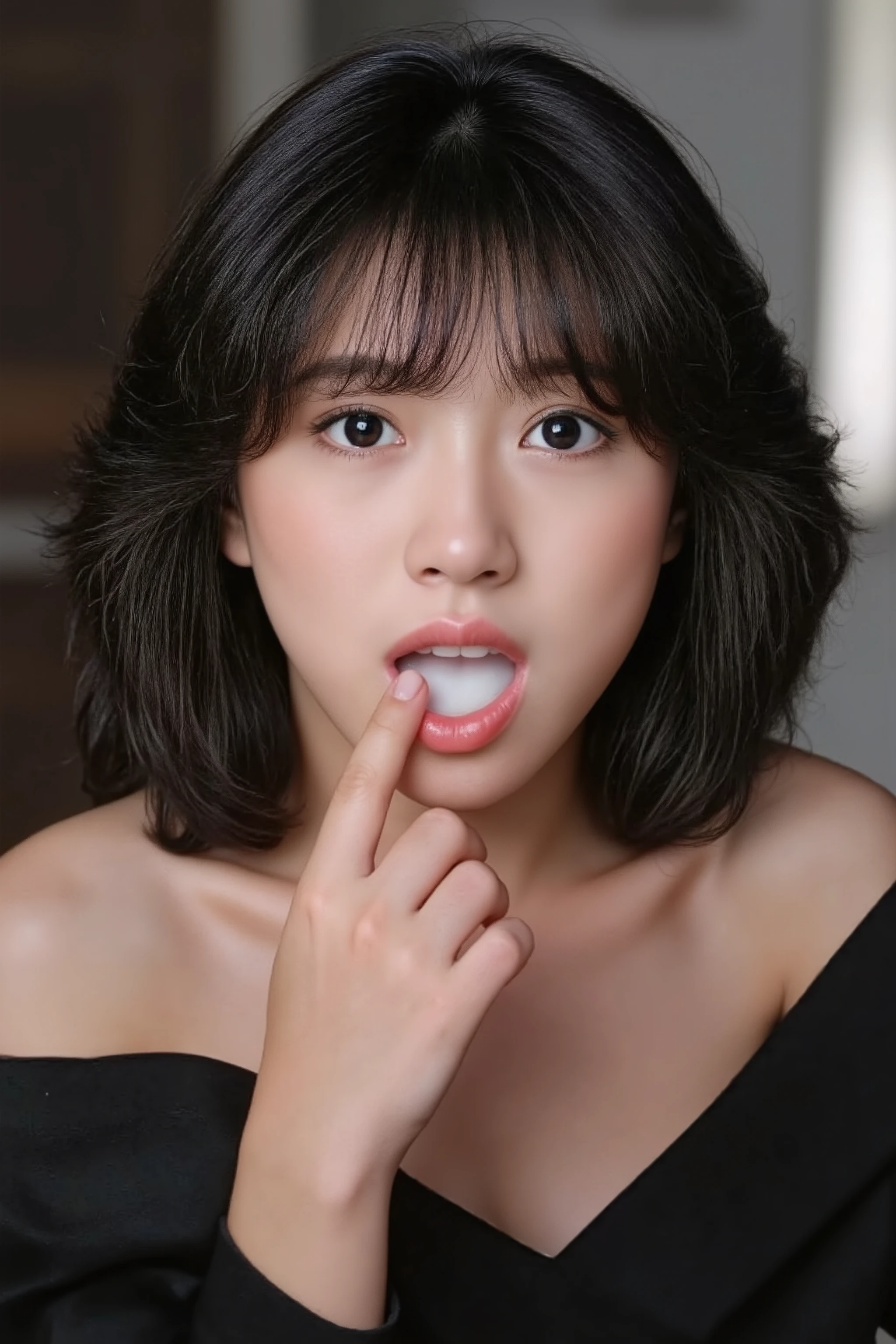 A high resolution photograph of a Japanese adult woman, photo realistic, masterpiece, amazing quality, intricate details, professional lighting, fashion shoot, solo, 1girl, (off-shoulder dress, downblouse:1.2), portrait, (curly black hair with blunt bangs), detailed face, detailed eyes, surprised face, (fingers brushing her lips, detailed hand, detailed fingers), (white cum in mouth, open mouth:1.4), facing up, looking up at the camera, from above, indoors,