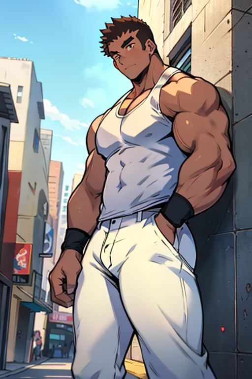 Highest image quality,male people,1 boy,Young and handsome,shoun,Short flat top hair,Dark skin,anime,anime wallpaper,Solo,malefocus,Briefs,Dilation of the pectoral muscles,Bulging crotch,Urban background,spread their legs,Sexy,(Masterpiece, Best quality),Long white socks,Boots,CG sense,Dark atmosphere,8K,Cinematic lighting effects