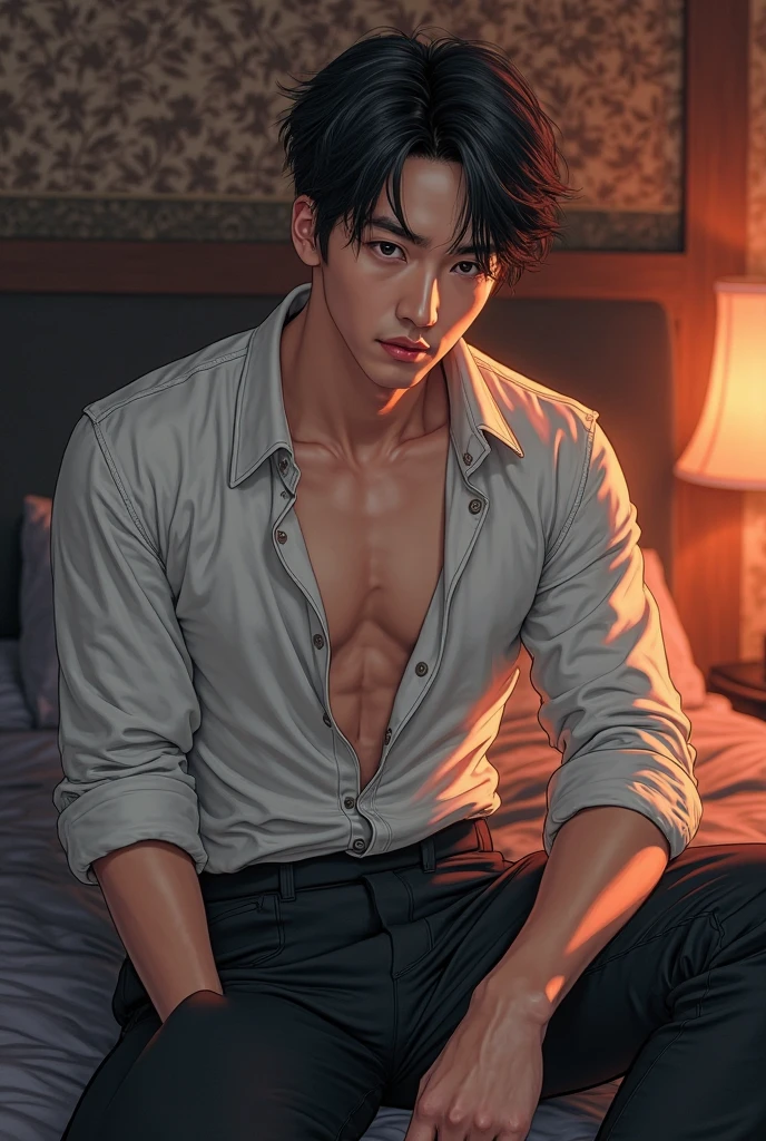 Wet Sexy asian man, male in a wet white shirt and tan pants sitting on a chair, big chest, handsome man, handsome guy, handsome stunning realistic, portrait of a handsome man, clothed in wet white shirt, sweat, (best quality)), ((masterpiece)), (detailed)