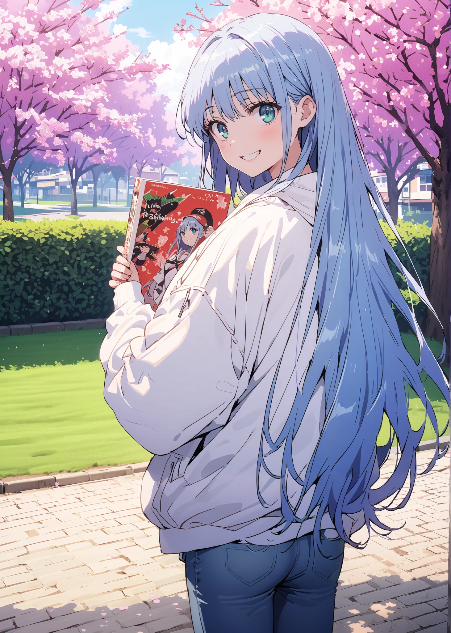 score_9, score_8_up, score_7_up, source_anime, Prohibited bibliography, Alone,green eyes, blue hair, long hair,Baseball hats, Oversized white hoodie,short outerwear,skinny jeans,sneakers,cherry blossoms,Trail,standing,,Beautiful Scenery,smile,cover, grin , lower back holding a book,morning,morning日,so that the whole body fits into the illustration, break outdoors, garden,
break looking at viewer,
break (masterpiece:1.2),best quality , kampala, Unity 8K Wallpaper ,(shape:0.8),( fine, beautiful eyes :1.6),It's a person ,full body photo,CG Details , (perfect hands,complete anatomy),