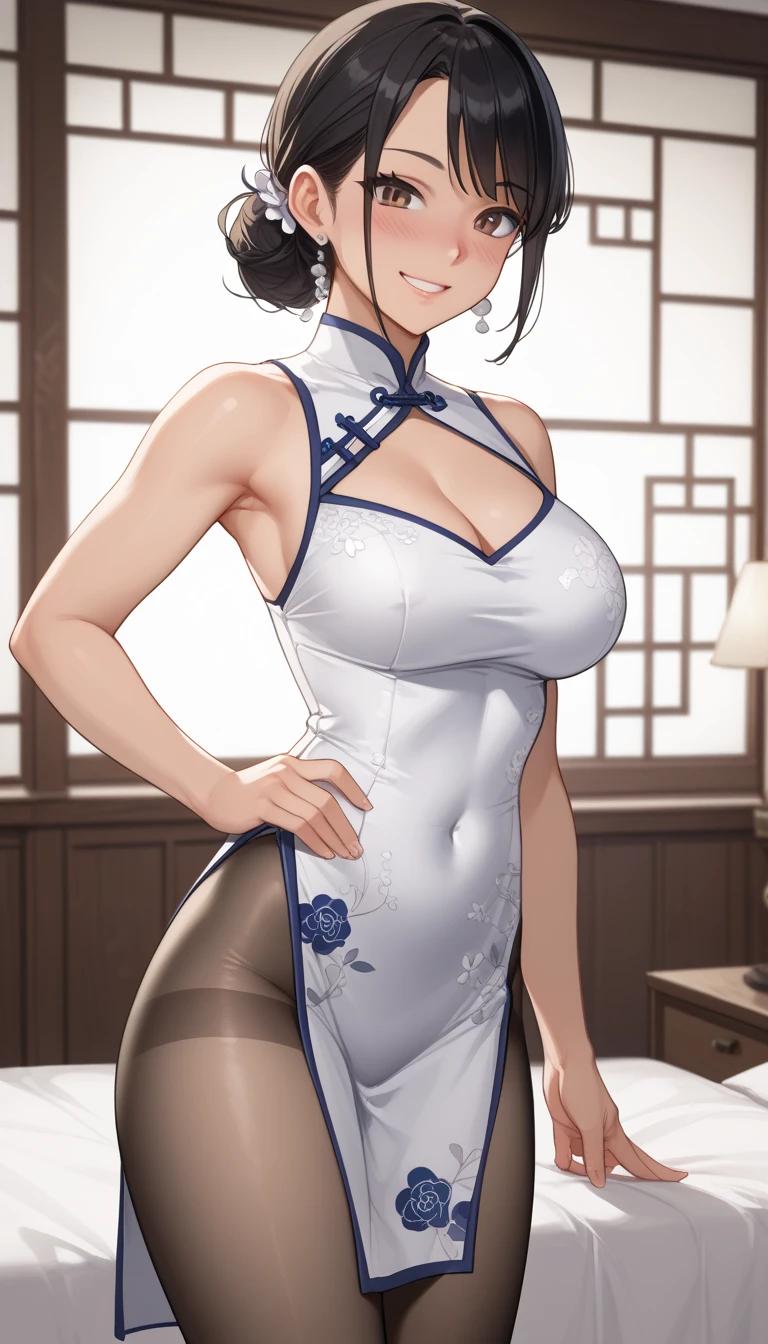 独奏、NSFW、(Arms raised to show armpits、Armpit Hair)(tall、Toned body、slim body、Brown Skin、Sunburn、Big Breasts)、(Slanted Eyes、Sharp Eyes、Dark Eyeasterpiece))、((Highest quality))、((detailed)、((Adult female))、(((Light brown skin)))、((Long black hair ponytail))、photograph、美しくdetailedな顔、detailedな目、Bright smile、Outdoor、(Sleeveless white dress、Sexy one piece、Semi-transparent lace dress)