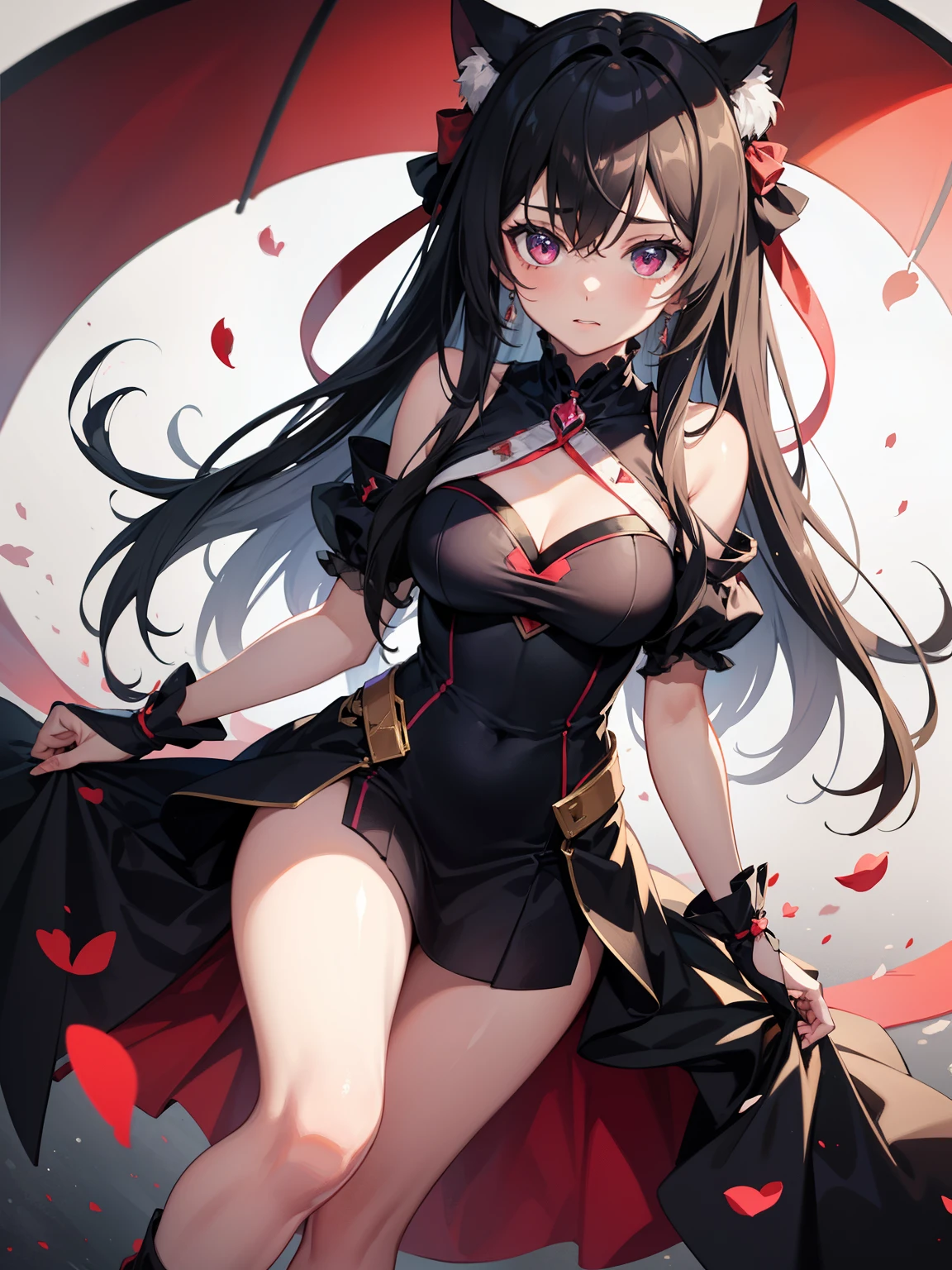 masterpiece, best quality, ultra detailed, detailed eyes, sparkling eyes, (((large breasts))), nsfw, A dynamic view of a tall young woman with a slender and busty frame. long, straight, black hair reaching her mid-back with short bangs framing her forehead in a more elaborate updo formed from braids wrapping around her head and upturned red eyes. a form-fitting halter-style black dress that shows off her shoulders and chest, with a rose choker and a red rose pattern on the inside of her skirt. The front of the skirt is mid-thigh length, while the back reaches below her knees. She also wears a pair of black thigh-high boots with a rose symbol at the bottom of their sole and black fingerless gloves. The headband she wears is gold colored with a rose and two spikes on each side.