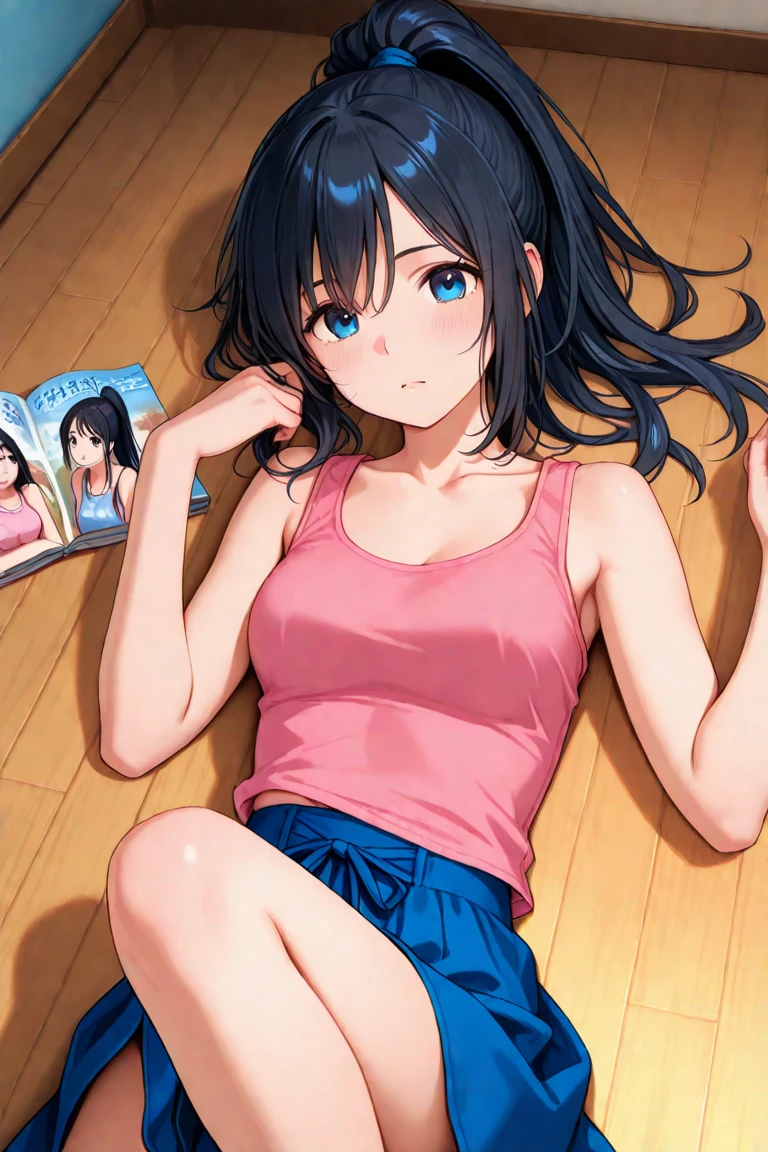 a light-skinned anime girl with black hair, she has beautiful blue eyes and is wearing a white tank top with pink shorts, is lying on a bed in the bedroom with her arms outstretched over her, she is open-mouthed and with an expression of concern, Moe-style image
