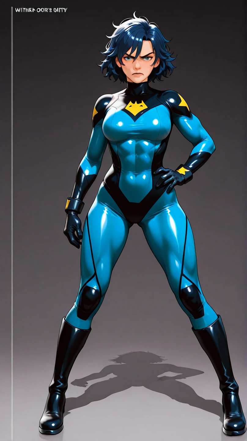 ((masterpiece)),(((best quality))),((character design sheet)), ((full body view)) illustration,1girl, muscular, ((blue bodysuit:1.5)), (masked face:1.6) superhero, (black ponytail:1.4), (puffy lips:1.6) (black cape:1.4) beautiful woman, (small breasts:1.3)(black legs:1.3)shiny skin, (gold emblem on chest:1.2),scribbles and marks, rough sketches, pose, 8k,16k, (simple background, white background: 1.3)