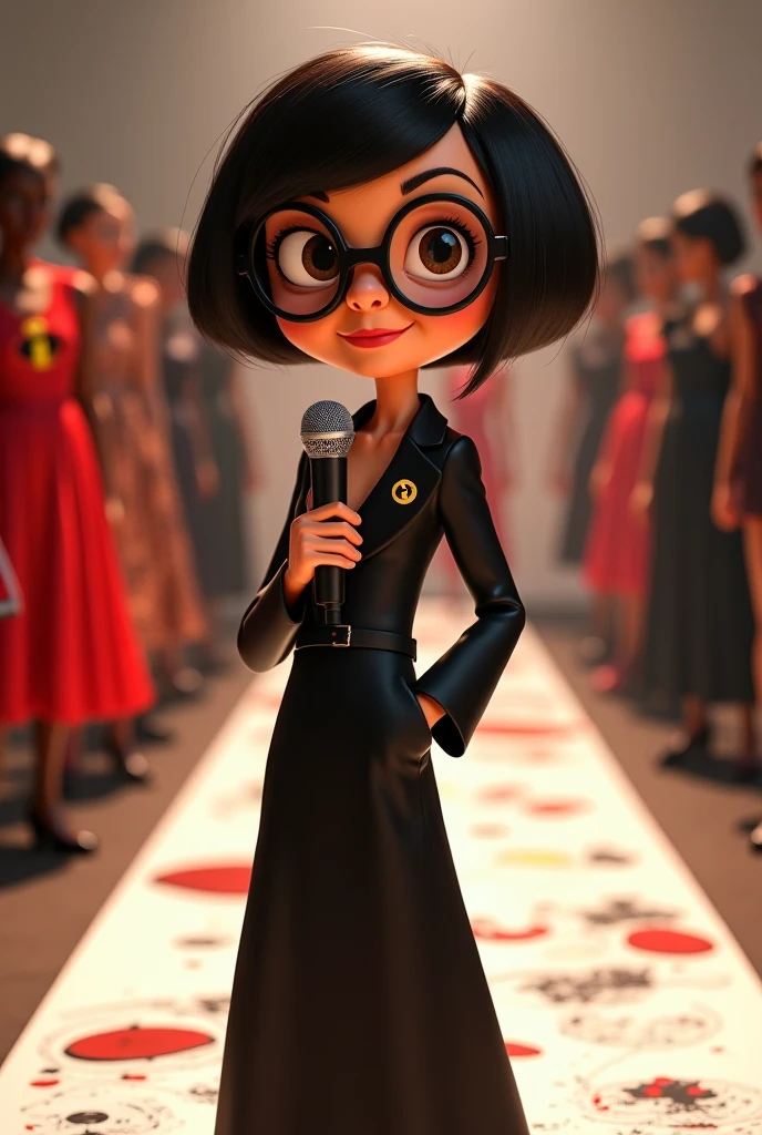 A detailed depiction of Edna Mode, as seen in The Incredibles animation, with her signature short black bob and large round glasses. She is holding a lapel microphone, wearing a chic black designer outfit, and her expression is confident and focused. Her small stature and youthful appearance are emphasized, and she stands in front of a fashion show runway with design sketches and fabric swatches scattered around her."