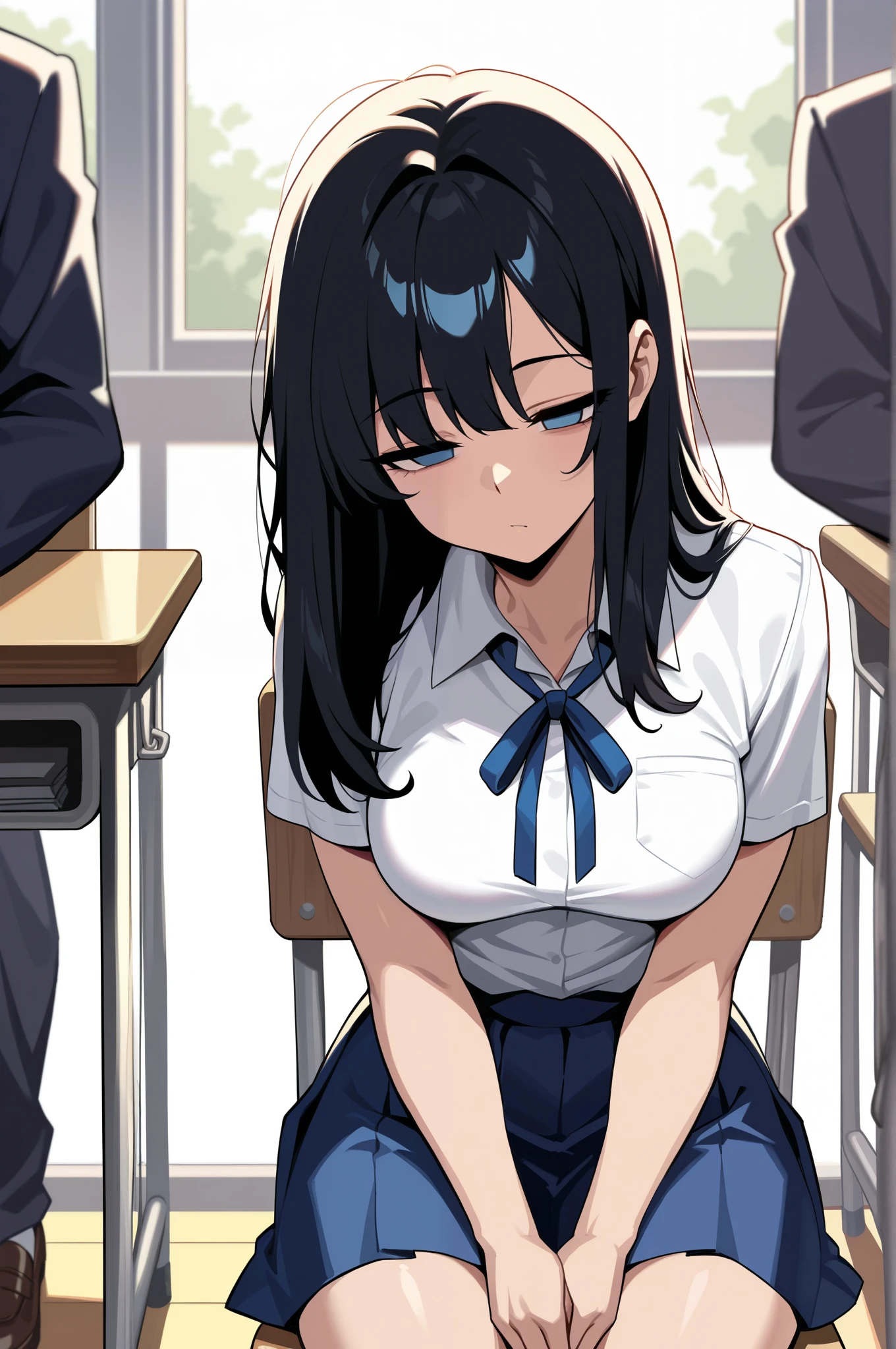 (masterpiece, ultra high definition, 16k, RAW photo, intricate), sharp focus, crisp details, 1girl , black hair, long hair, (Neat hair), shiny hair, blue eyes, medium breasts, school uniform, white shirt, blue neck ribbon, blue skirt, brown shoes, ( Classroom at a School with No One), school chair, sitting chair, Weakness, Place your hands at your sides., Sluggish hands, no pupils, half closed eyes, Sleepy eyes, front view, (cowboy shot), blur the background