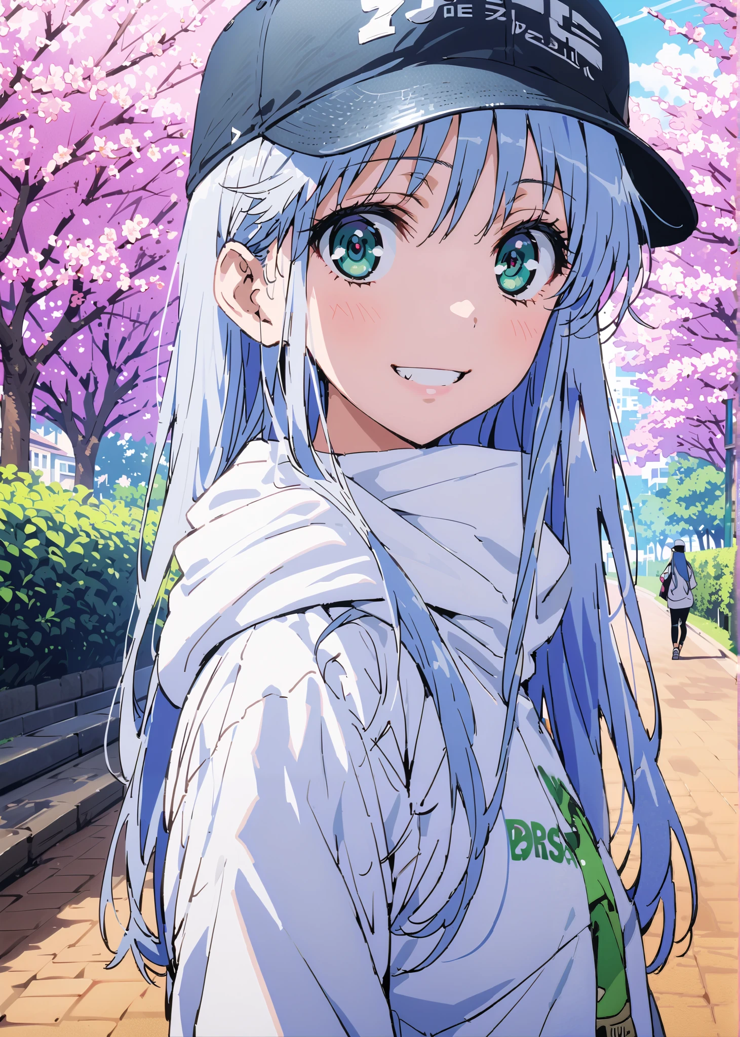 score_9, score_8_up, score_7_up, source_anime, Prohibited bibliography, Alone,green eyes, blue hair, long hair,Baseball hats, Oversized white hoodie,short outerwear,skinny jeans,sneakers,cherry blossoms,Trail,standing,,Beautiful Scenery,smile,cover, grin , lower back holding a book,morning,morning日,so that the whole body fits into the illustration, break outdoors, garden,
break looking at viewer,
break (masterpiece:1.2),best quality , kampala, Unity 8K Wallpaper ,(shape:0.8),( fine, beautiful eyes :1.6),It's a person ,full body photo,CG Details , (perfect hands,complete anatomy),