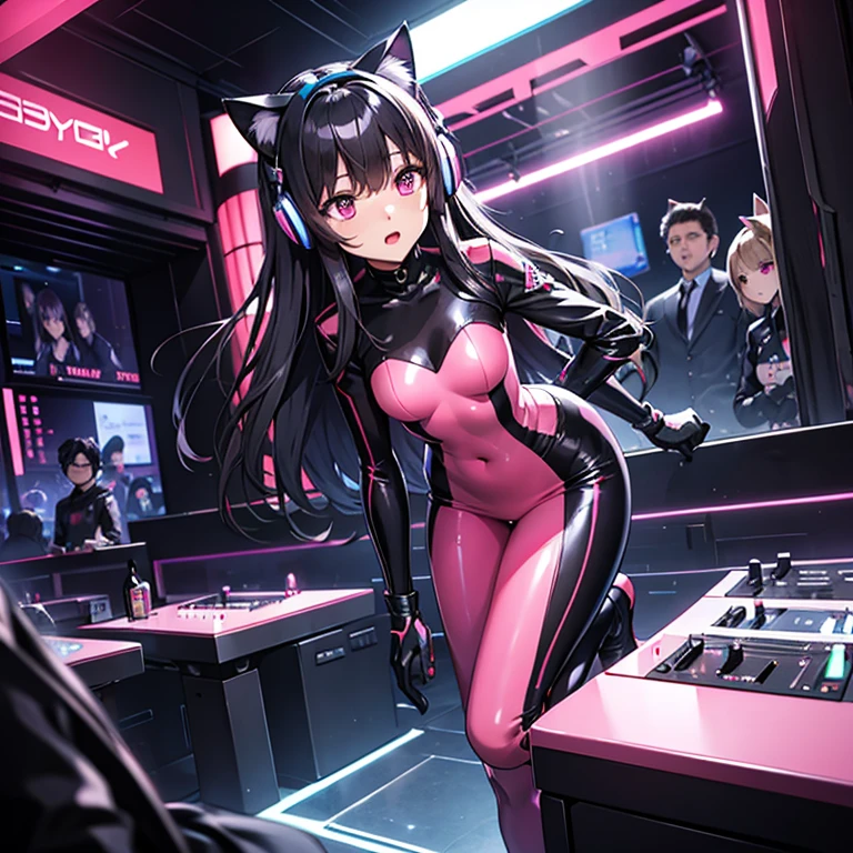 8K、erotic photograph, 18 yo Japanese woman, ((( Woman in transparent vinyl latex))) shinny skin、Navel, Stomach exposed, sheer transparent crop top, Breast opening、small breasts, perfectly formed breasts, fully body length photo、Outstanding body style、Metallic Rainbow Hair、Futuristic city, cyberpunk, topless, rgb, led, rave, rave festival, night, light rays,