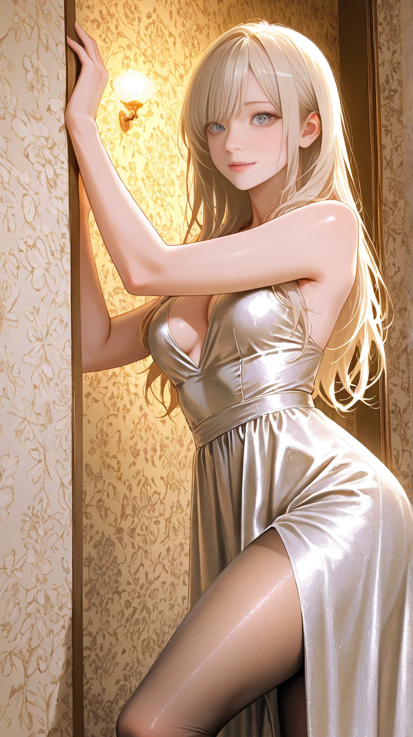 Image in 8k realism of a beautiful woman, with clear blue eyes, long blonde hair tied in a bun, red lips, wearing a lovely black dress, Standing in the doorway threshold, seductive expression, night scene, animated art style --s2

This image showcases a stunning woman in high detail, with her clear blue eyes sparkling under the soft lighting of the night. Her long blonde hair is tied up in a neat bun, accentuating the graceful lines of her face. Her red lips are parted in a seductive smile, inviting the viewer into the scene. The woman is dressed in a beautiful black dress that clings to her figure, highlighting