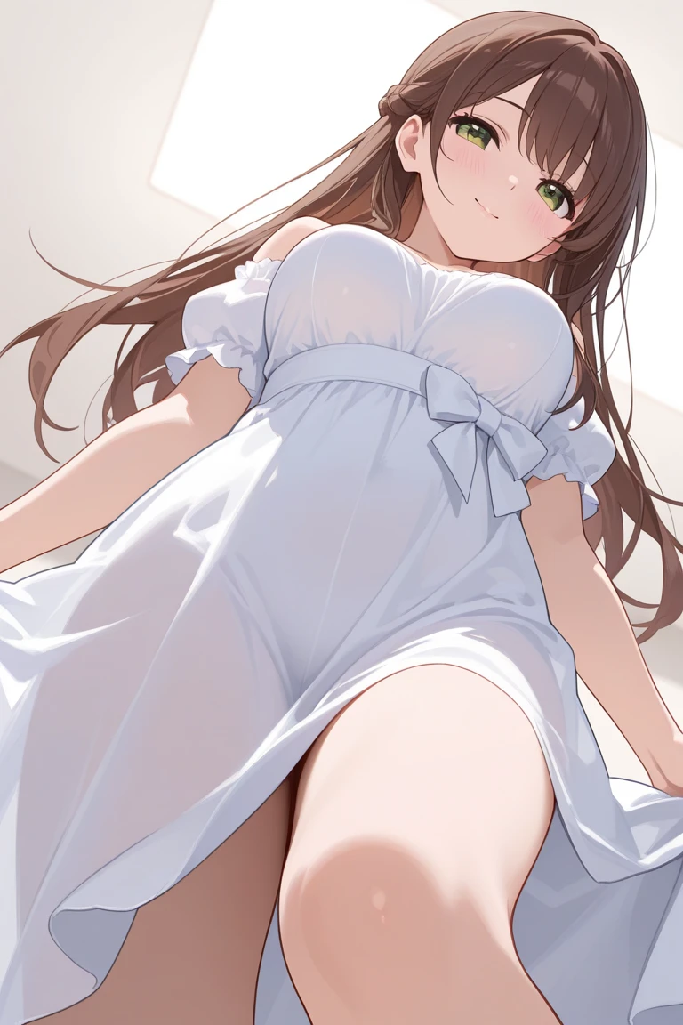 from below, high image, super detail, high resolution, anime, manga, illustration, super very beautiful woman, baby face, make up, ecstatic expression, amorous expression, seductive look, glossy flowing layered messy light brown wavy medium hair, sparkling big blue eyes, alluring moist red lips, large breasts, under boob, side boob, great proportion, perfect proportion, slender, full body, skirt lift,  lace white long dress, white fluttering long skirt, black knee high socks, thighs, garter belt, lingerie,(((show pussy:1.2))),((nipple stand out)),(((her pussy leak some creamy pussy juice)))