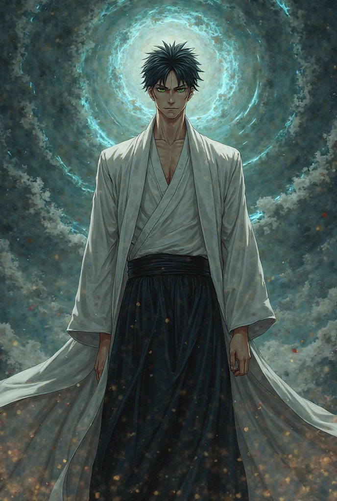 Mature man standing on a field of tulips, kimono, raining, night, moon, wet clothes, detailed background, white hair, muscle, spiked hair, semi bare chest, mountains, open kimono, artwork, detailed face, hyper detailed, 8k, highly detailed, intricate details, dramatic composition,
