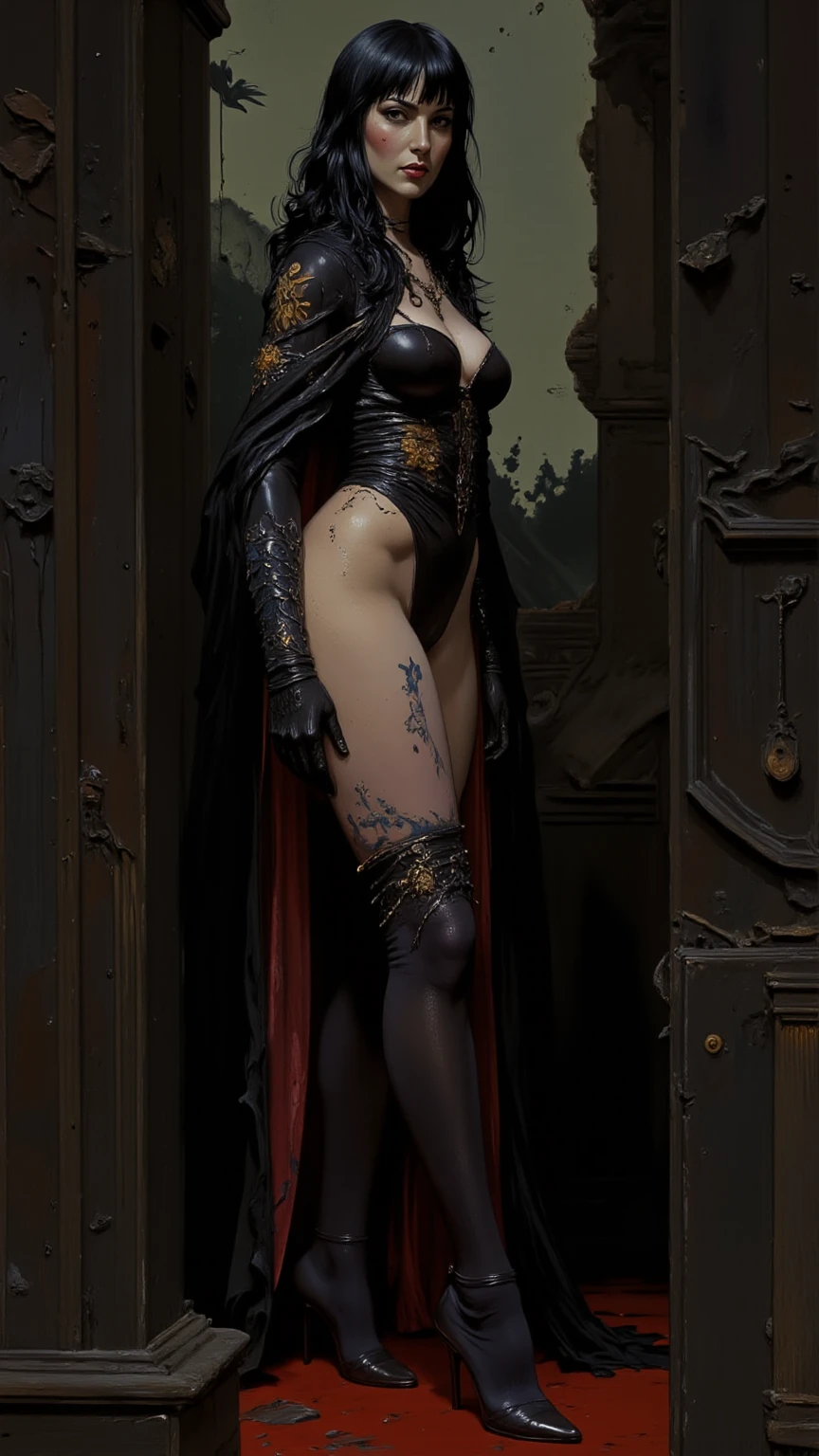 ((best quality)), ((masterpiece)), (detailed), perfect face, ((medium shot)),Gothic 1girl Sophie Turner, (((solo))) ; wearing a black leather corset with laces and belts, cape,ribbon, lipstick, pale skin, dark purple hair, braided ponytail, perfect anatomy dominatrix, slender figure , wide hips, toned body, ((black garter belt on hips)), midriff exposed, ((squeezed cleavage:1.2)), hourglass waist, angular face, defined cheekbones, (dark stockings), dark gauntlets, heavy makeup, choker, collar, shadow over eyes, looking at viewer, black thigh highs, black lingerie, medium shot, lighting, artwork, blank background