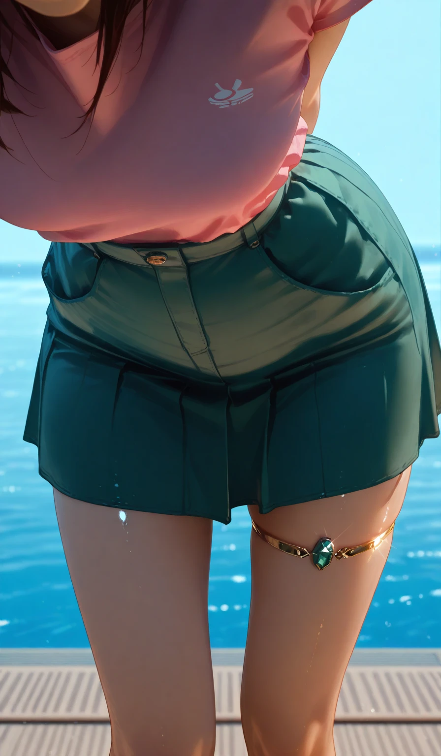 anime illustration, ((((highest quality)))), (((Ultra-precision CG 16K))), (((masterpiece))), BREAK skinny body, slender waist, medium Breasts, (((perky breasts))), ((sagging breasts)), (covered nipples), (((tanned skin, tan lines))) , BREAK ( smiling, blush, determined expression, sweaty , Heavy breathing, embarrassed, ) , (natural make), BREAK narrow eyes, (streaked hair, hair intakes, colored inner hair, ) BREAK (((wearing printed sexy oversized clothing , wearing wide-leg-pants, breasts is covered by outfit, (detailed panty)Narrow aisles,))) , wearing earrings , BREAK ( stick breast out, bending over, ) BREAK (( ripples , horizon , under the cosmic sky on the cosmic sea , cosmic effects)), (((close-up of face, bust-up shot, looking at viewer, ))), BREAK ((cinematic , from front , from below , (Distant view, Panorama), looking at viewer, )) , pinup magazine pose,