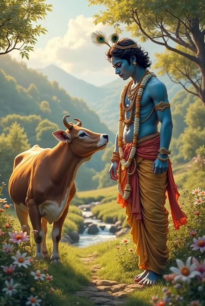 a highly detailed digital painting of Lord Krishna helping a cow in a lush forest, 4k, hyperrealistic, intricate details, warm lighting, vibrant colors, dramatic composition, cinematic lighting, photorealistic textures, beautiful detailed eyes, extremely detailed face, longeyelashes, ornate jewelry, flowing robes, serene expression, cow with detailed fur, forest with dense foliage, sunbeams, volumetric lighting, dramatic shadows, mood of devotion and compassion