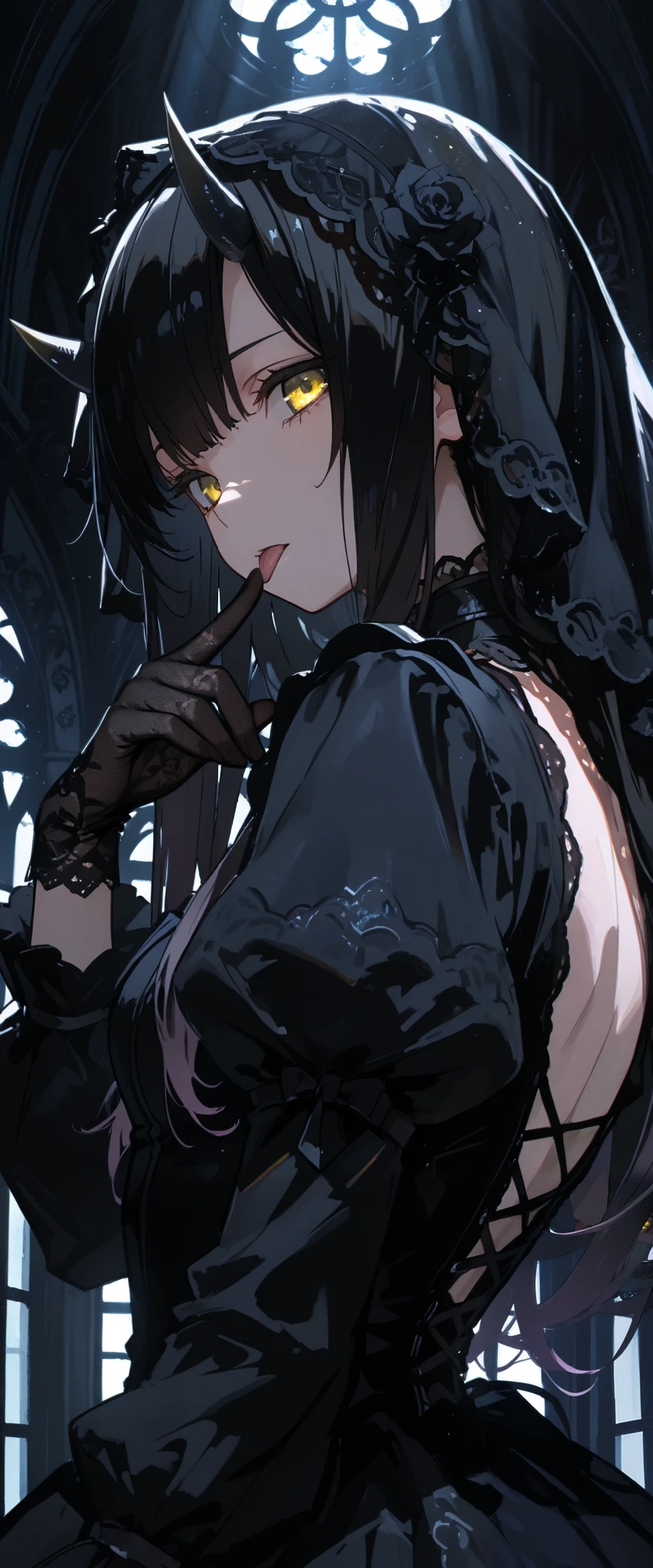top quality , masterpiece, 748cm style , 1 girl, , viewers, , gradient hair, black hair, long hair, yellow eyes , gothic dress, black dress, gothic veil, lace gloves, bridal veil, looking at viewer, gothic background, perfect waist, standing, eyelevel shots, lace gloves, puffy sleeves, dynamic light, glowing, lighting, backlight, horn, upper body, close up, tongue