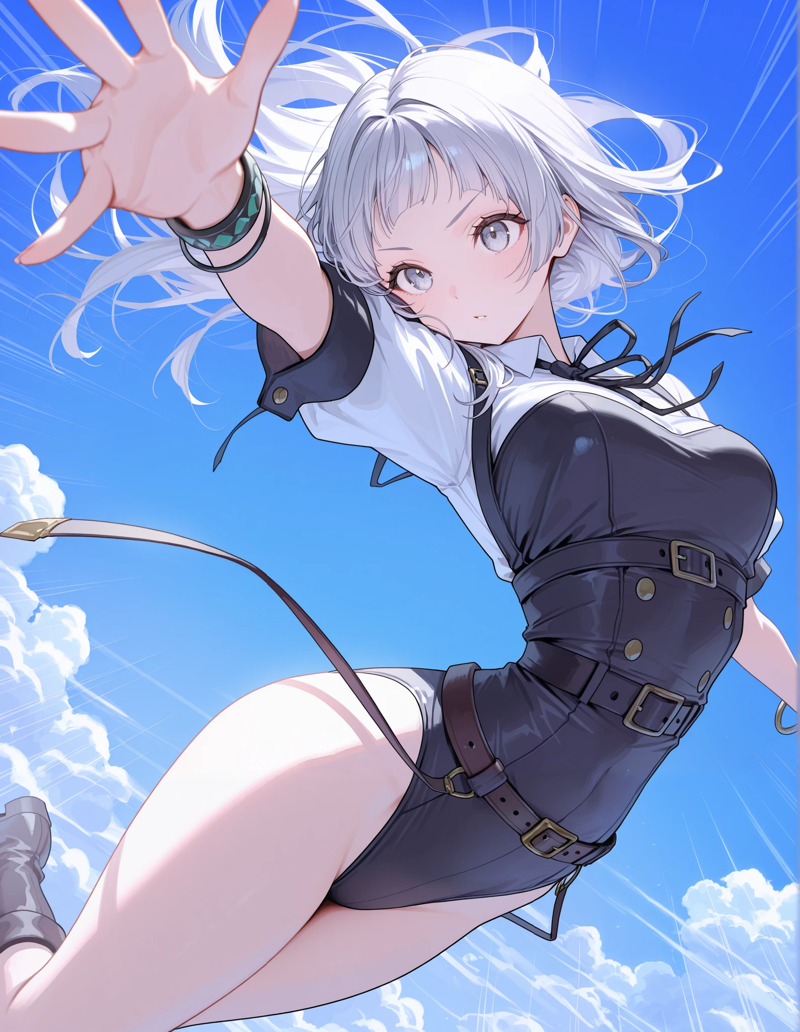 Masterpiece, High Resolution, Best Quality, High Details, 1girl, Solo, Silver Hair, Bangs, leotard, high-waisted belt, bare legs, boots, bracelets, dynamic flying pose, sky background, dynamic flying pose, Dutch Angle, Cowboy Shot, From Above, Rotational Symmetry, Emphasis Lines, Blending, Emphasis Lines, Motion Lines, legs together.