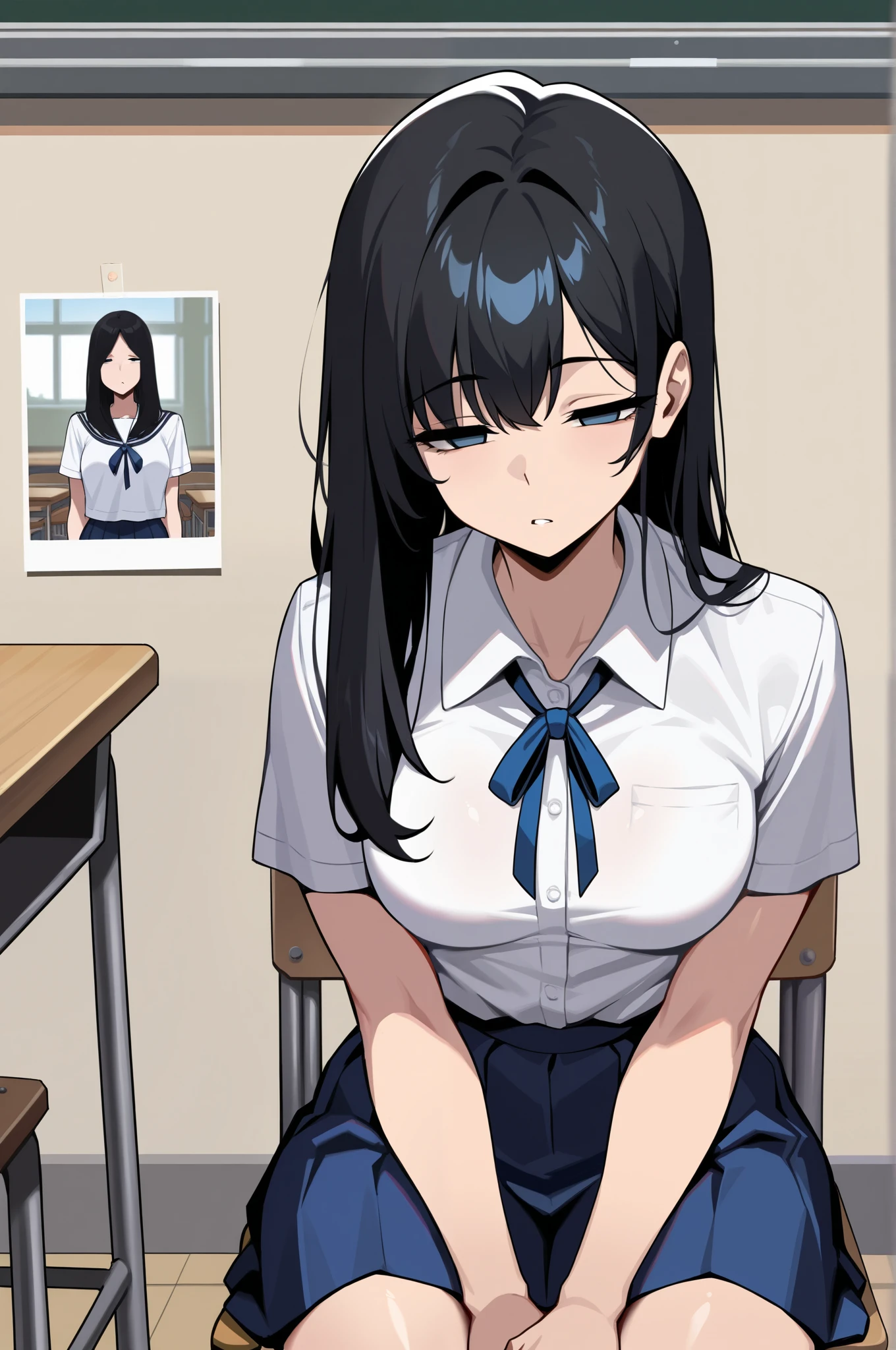 (masterpiece, ultra high definition, 16k, RAW photo, intricate), sharp focus, crisp details, 1girl , black hair, long hair, (Neat hair), shiny hair, blue eyes, medium breasts, school uniform, white shirt, blue neck ribbon, blue skirt, brown shoes, ( Classroom at a School with No One), school chair, sitting chair, Weakness, Place your hands at your sides., Sluggish hands, no pupils, half closed eyes, Sleepy eyes, front view, (cowboy shot), blur the background