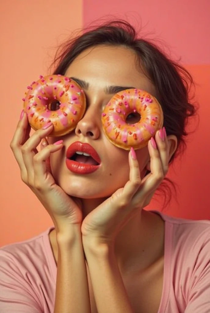 Make a pink donut, with fierce teeth, with tender eyes