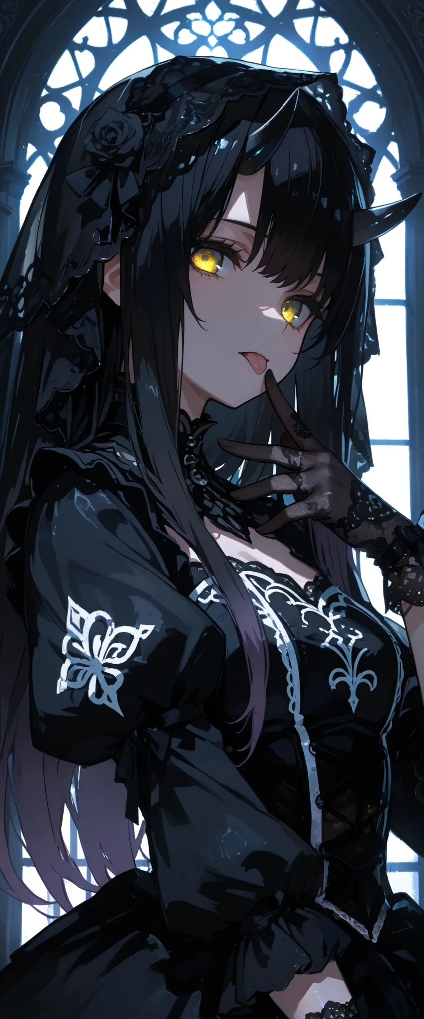 top quality , masterpiece, 748cm style , 1 girl, , viewers, , gradient hair, black hair, long hair, yellow eyes , gothic dress, black dress, gothic veil, lace gloves, bridal veil, looking at viewer, gothic background, perfect waist, standing, eyelevel shots, lace gloves, puffy sleeves, dynamic light, glowing, lighting, backlight, horn, upper body, close up, tongue